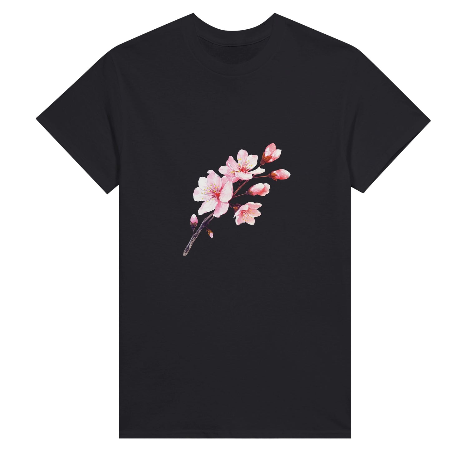 Women's black t-shirt with a picture of a pink cherry blossom branch