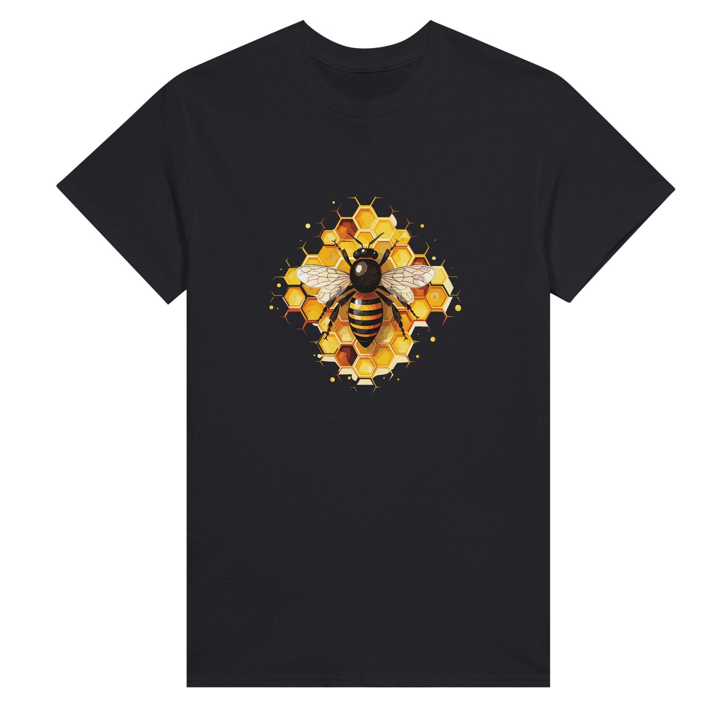 Women's black t-shirt with a picture of a honeybee on honeycomb