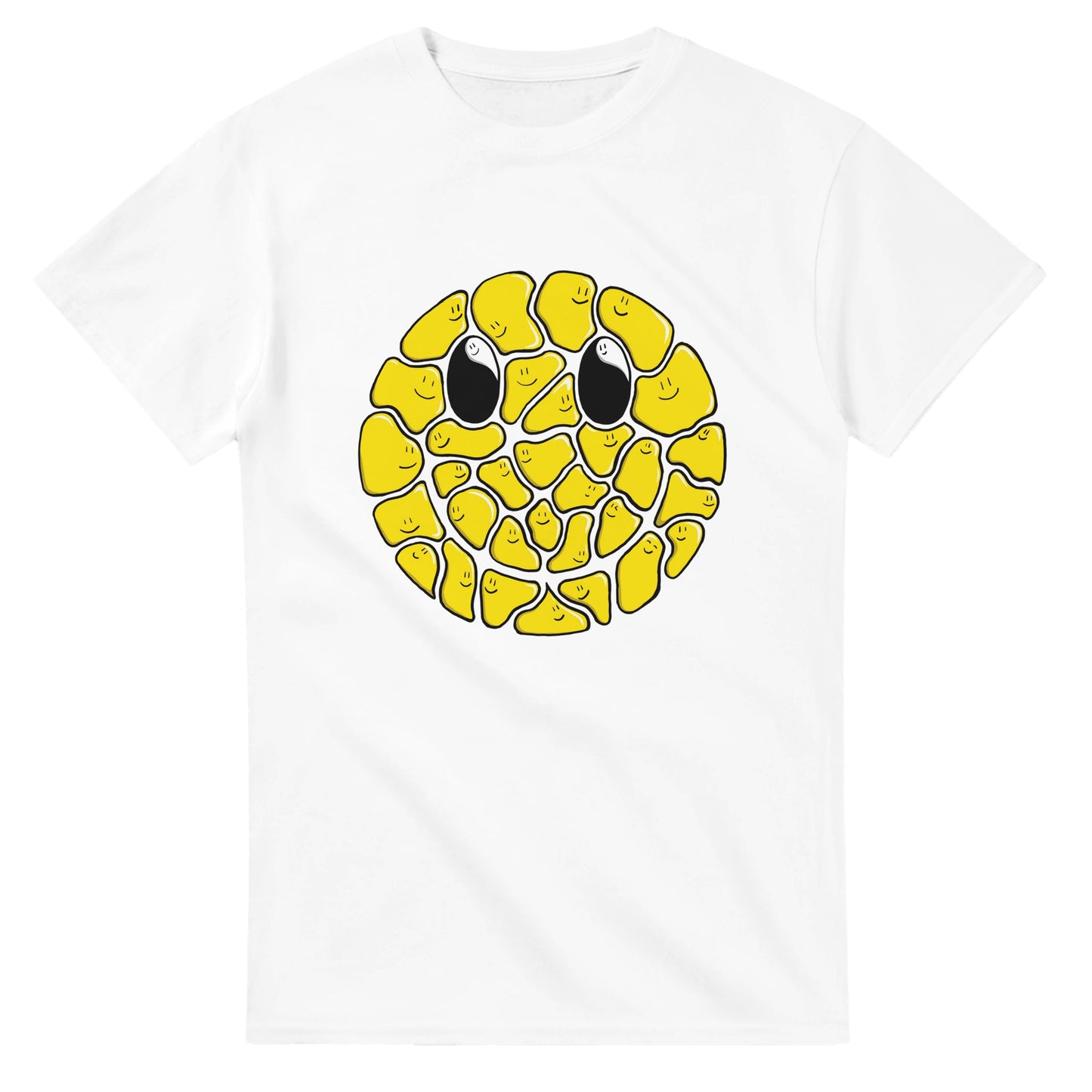 A white mens and womens t shirt with a big smiley face emoji on it, made up of many other happy faces