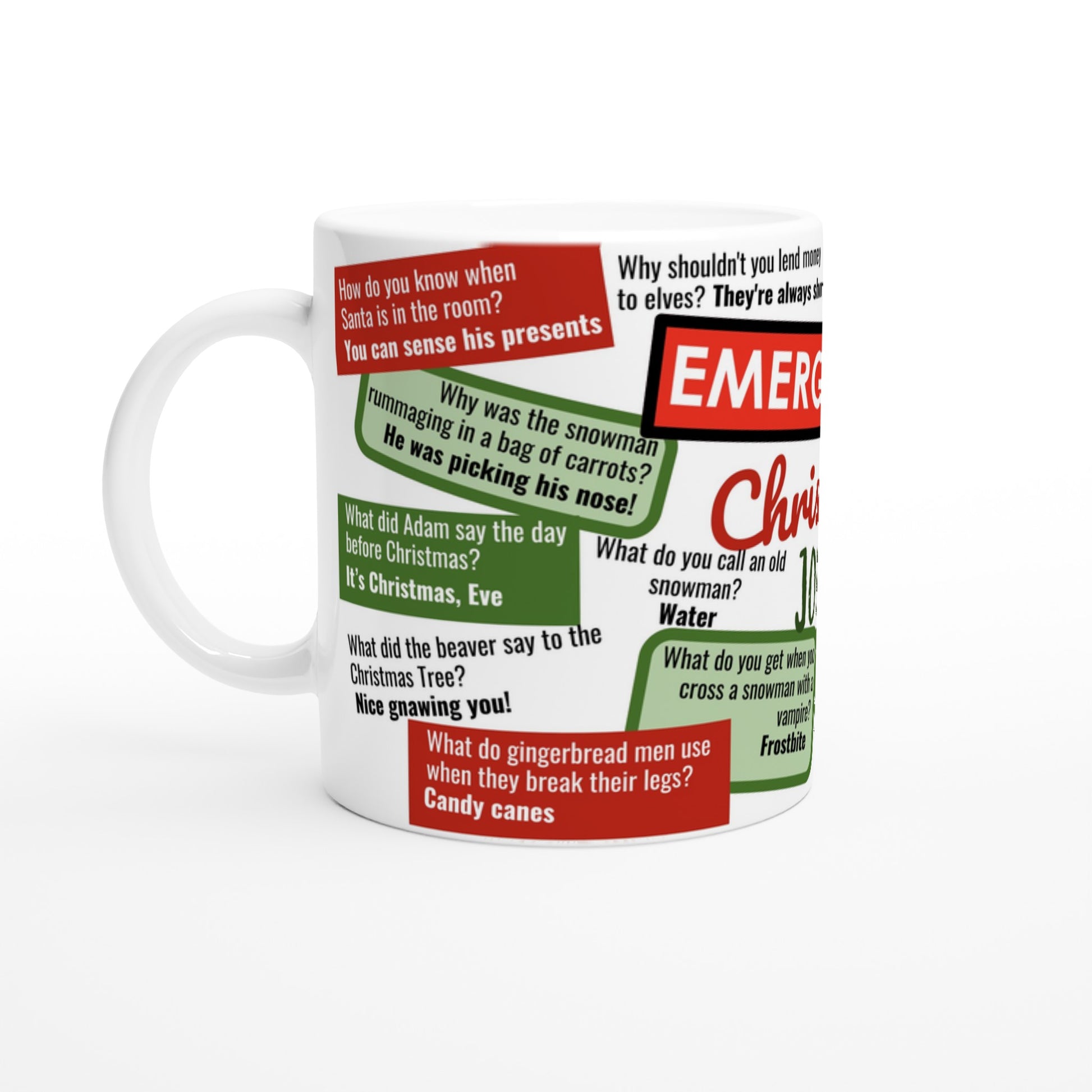 The right side of a funny coffee mug with "Emergency Christmas Jokes" on it.