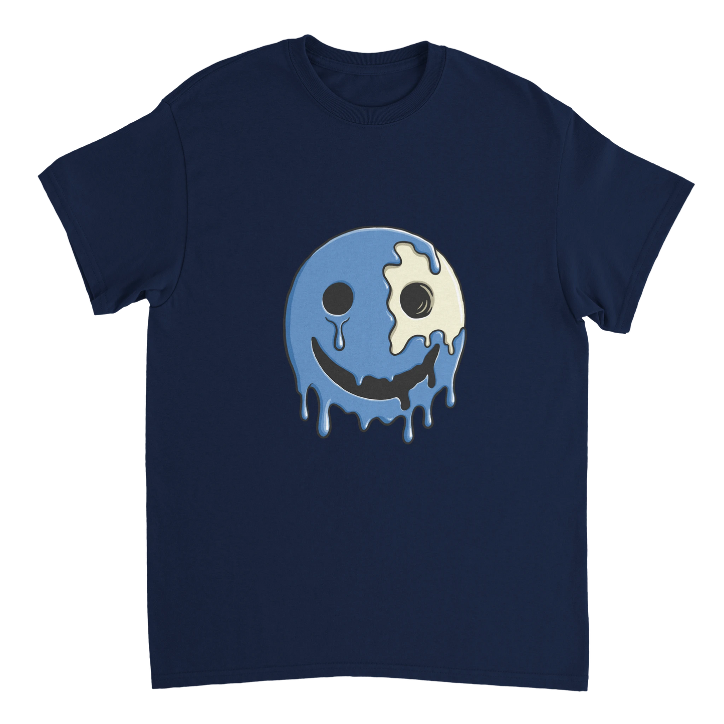 Astral Apple Men’s, Women’s or Unisex short sleeved, casual style classic crewneck t-shirt in navy blue cotton, with graphic print of a blue, melting happy face with skull showing, larger size front view, edgy smiling face design
