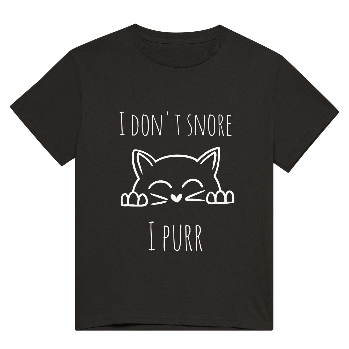 A black shirt with the words, "I don't snore, I purr" and a picture of a cat peeping up on it.