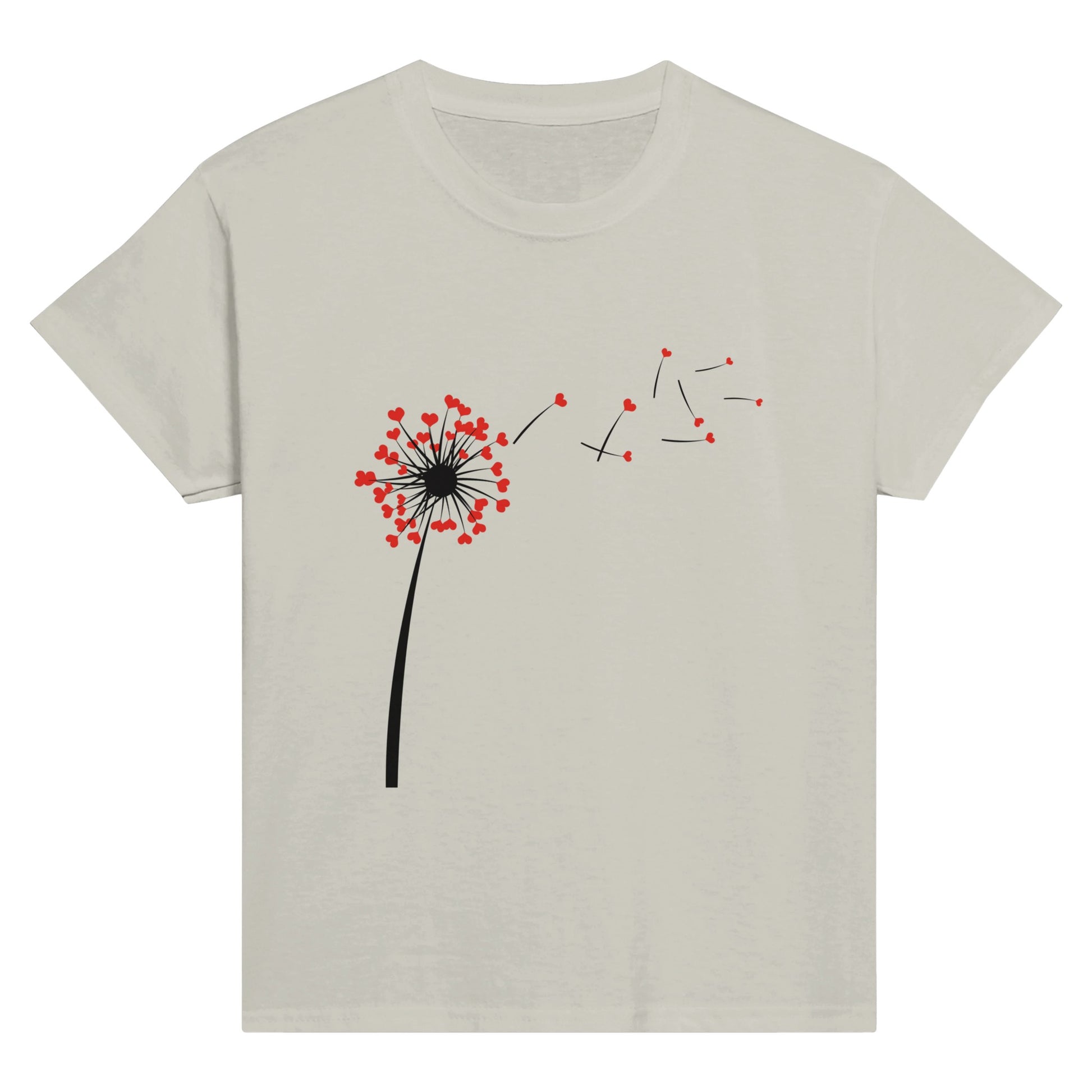 Child's off-white t-shirt with heart dandelion seeds being blown into the wind.