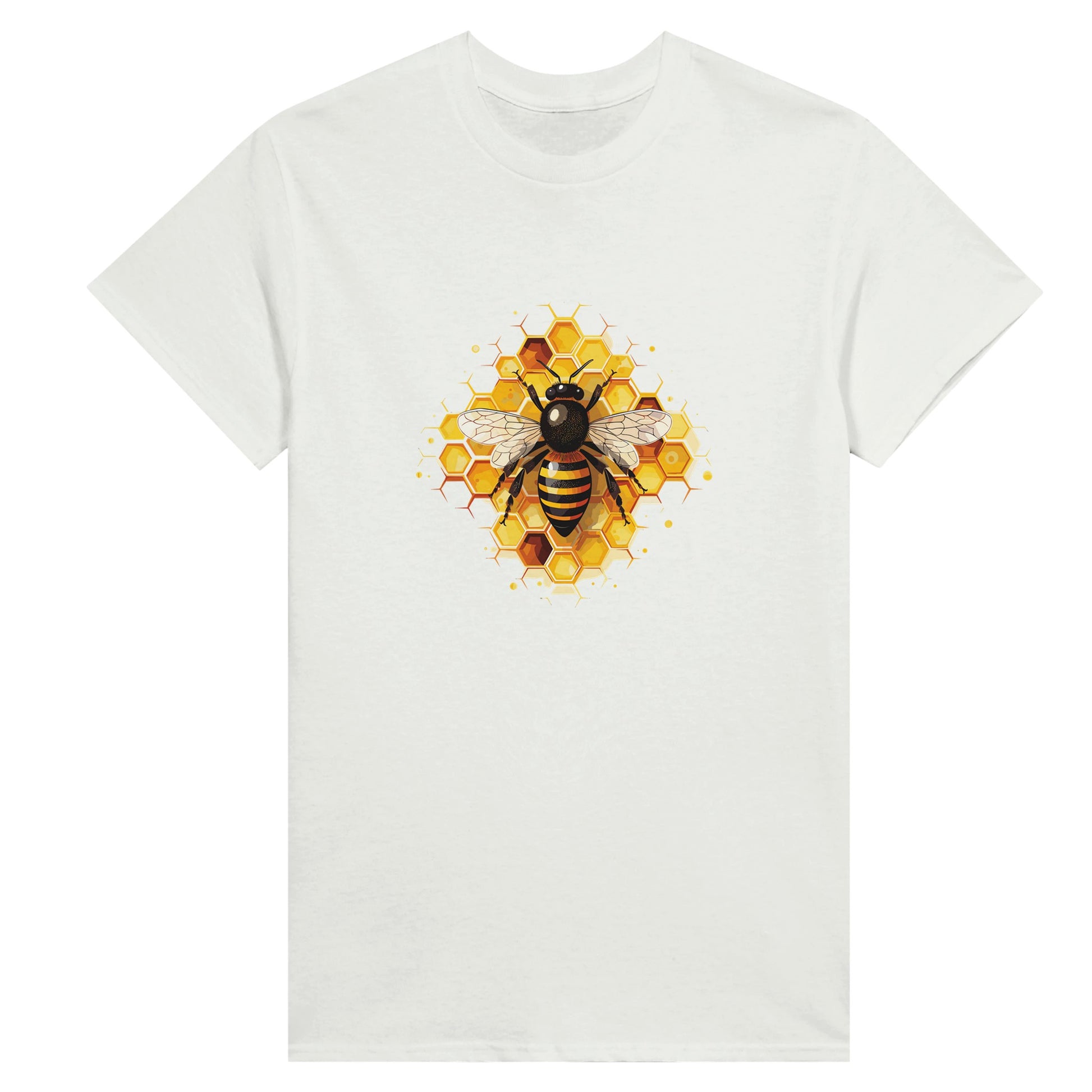 Women's white t-shirt with a picture of a honeybee on honeycomb