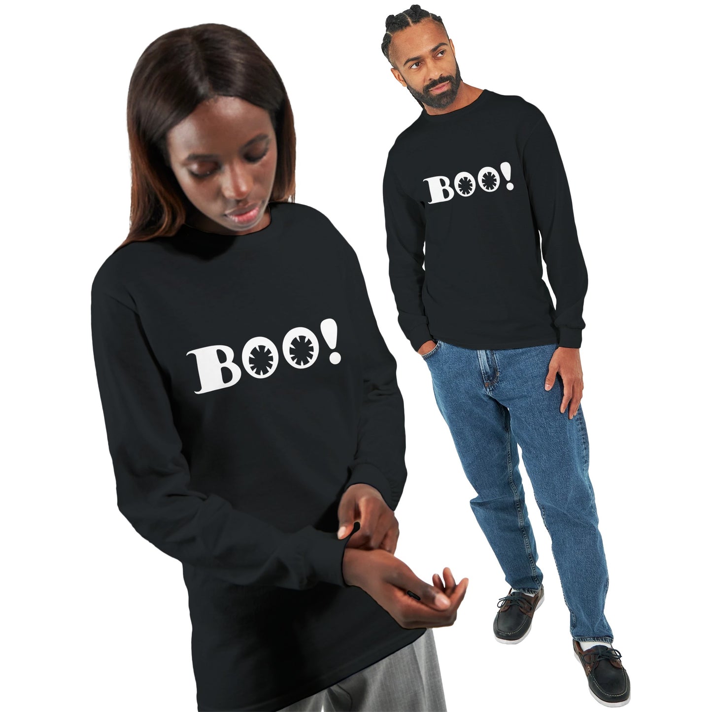 male and female models wearing black, longsleeve shirts with the text "Boo!" across the front.