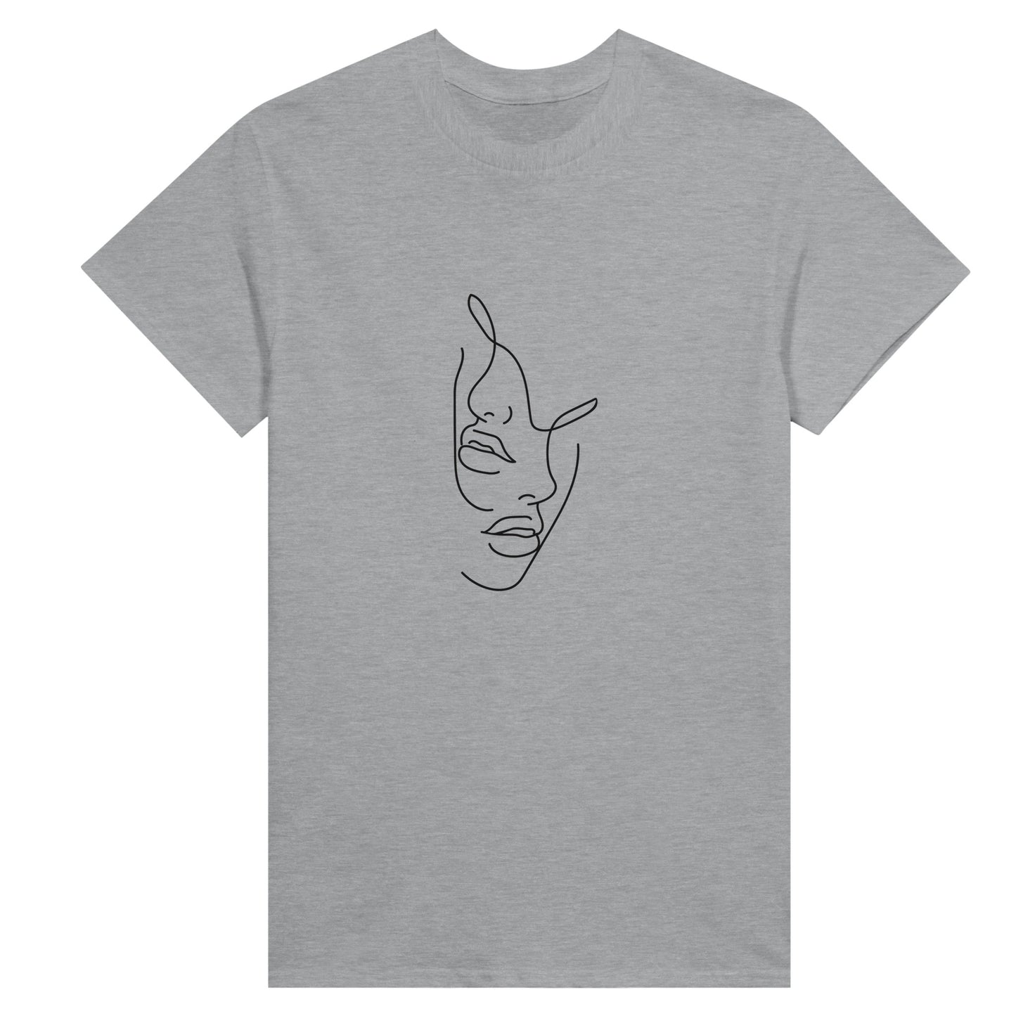 Light grey t shirt with elegant yet simple black line art depicting the lower half of two female faces with plump lips.