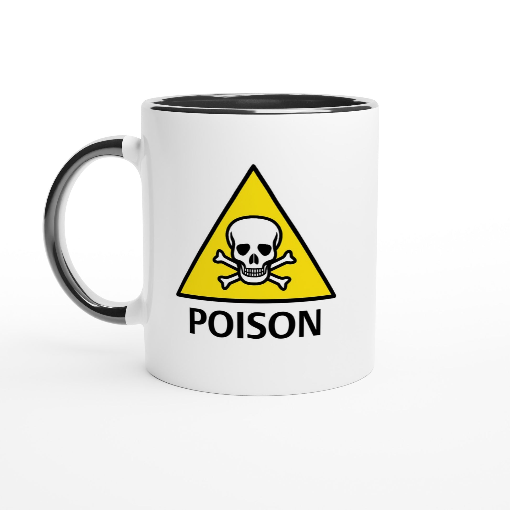 a white ceramic mug with black handle and interior with the poison hazard symbol on it and the text "poison".