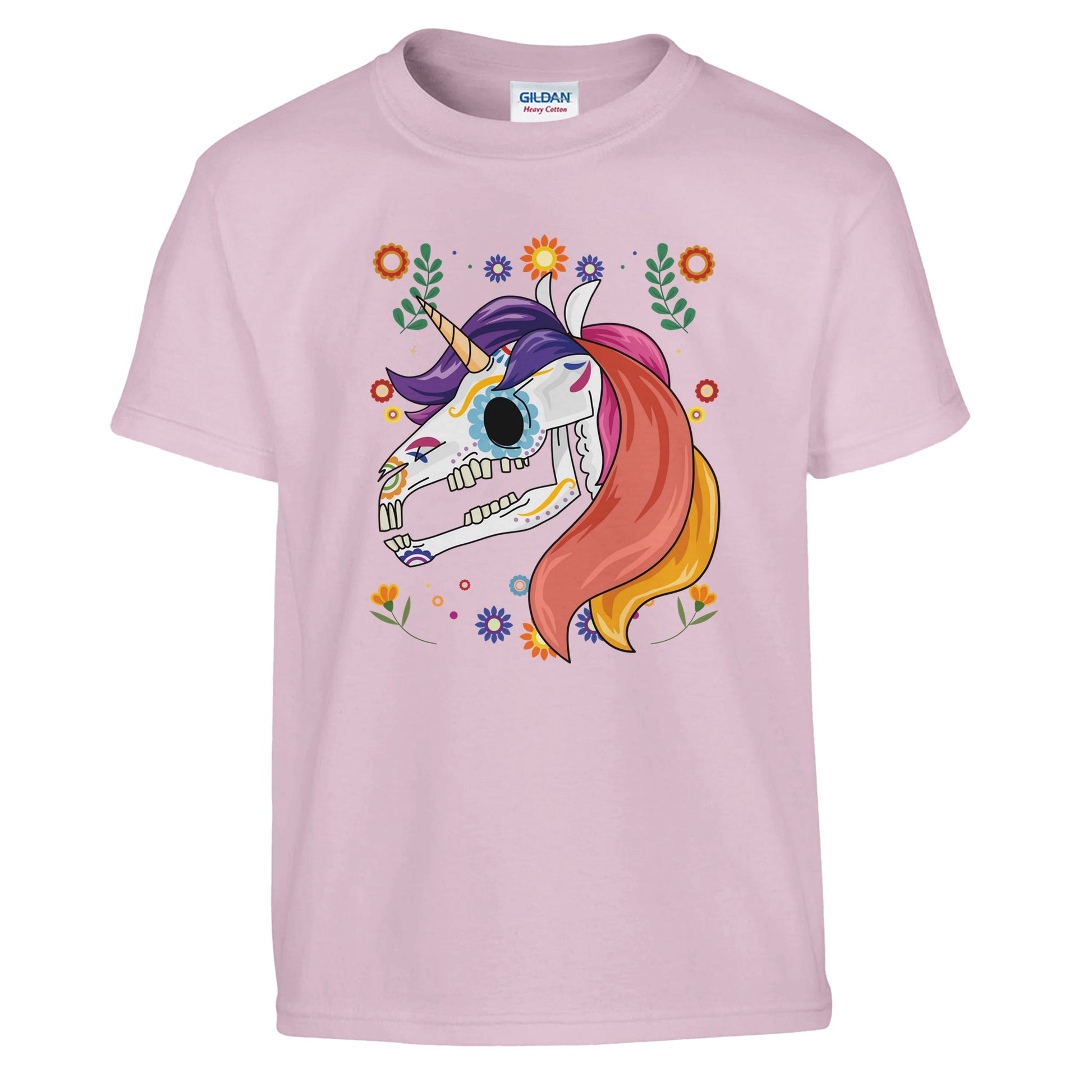 a pink kids t-shirt with a colourful picture of a unicorn skull and flowers