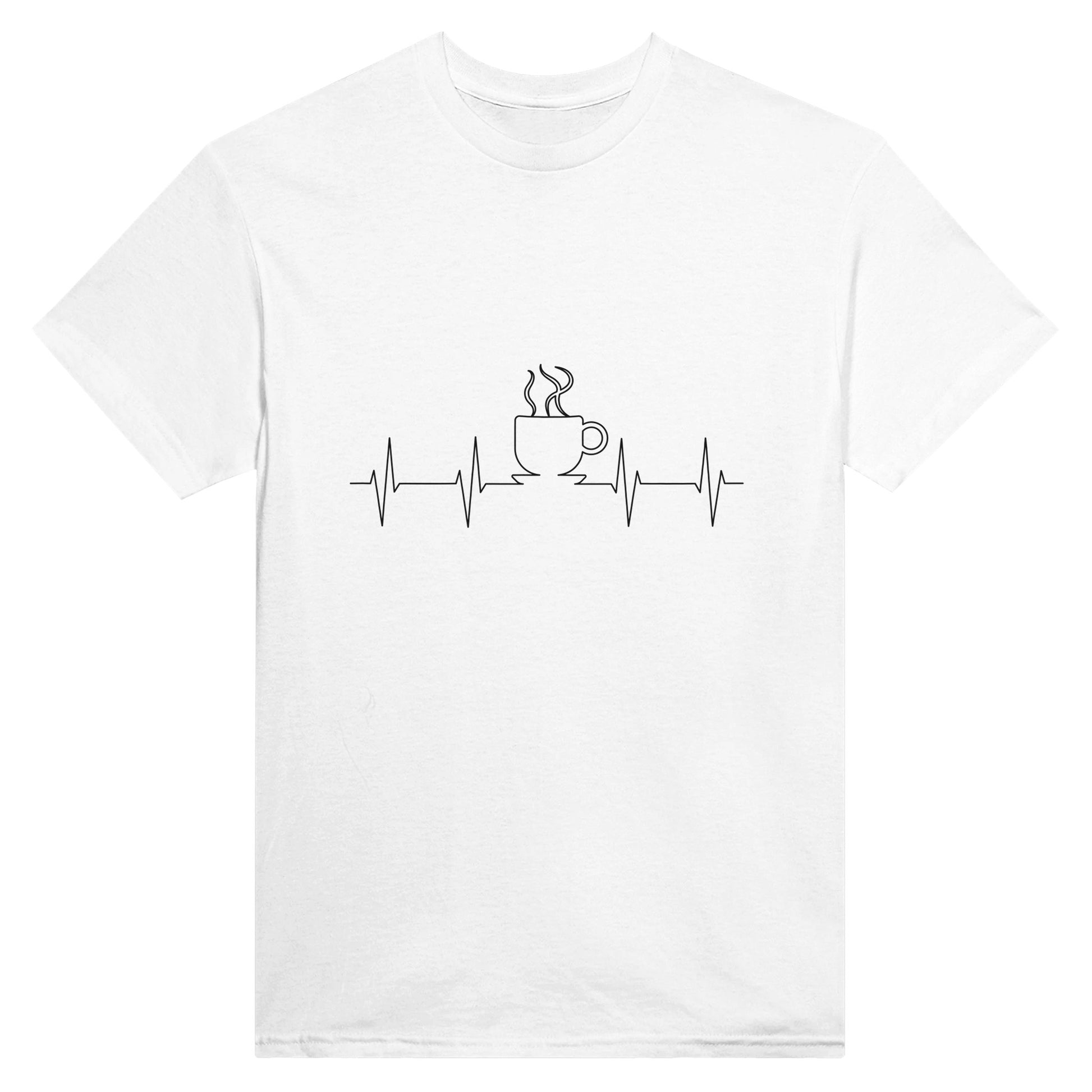 White shirt with black line art depicting a cardiogram with the shape of a steaming cup of coffee or tea on it.