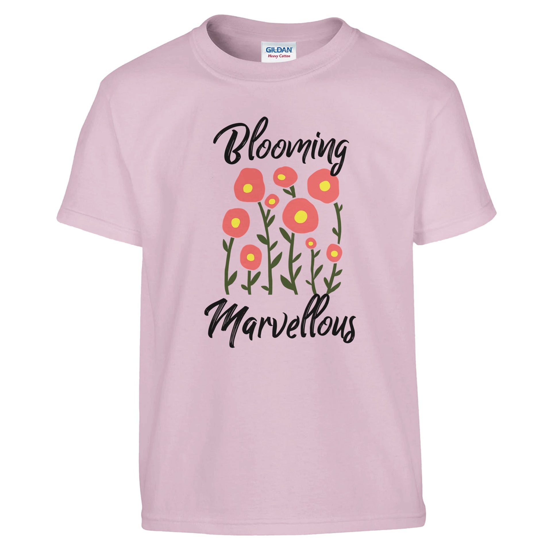 girls t-shirt with the words blooming marvellous and a picture of pink flowers on a pink shirt