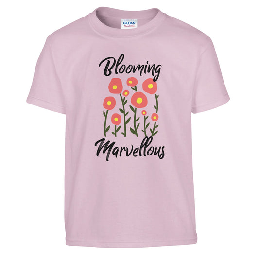 girls t-shirt with the words blooming marvellous and a picture of pink flowers on a pink shirt