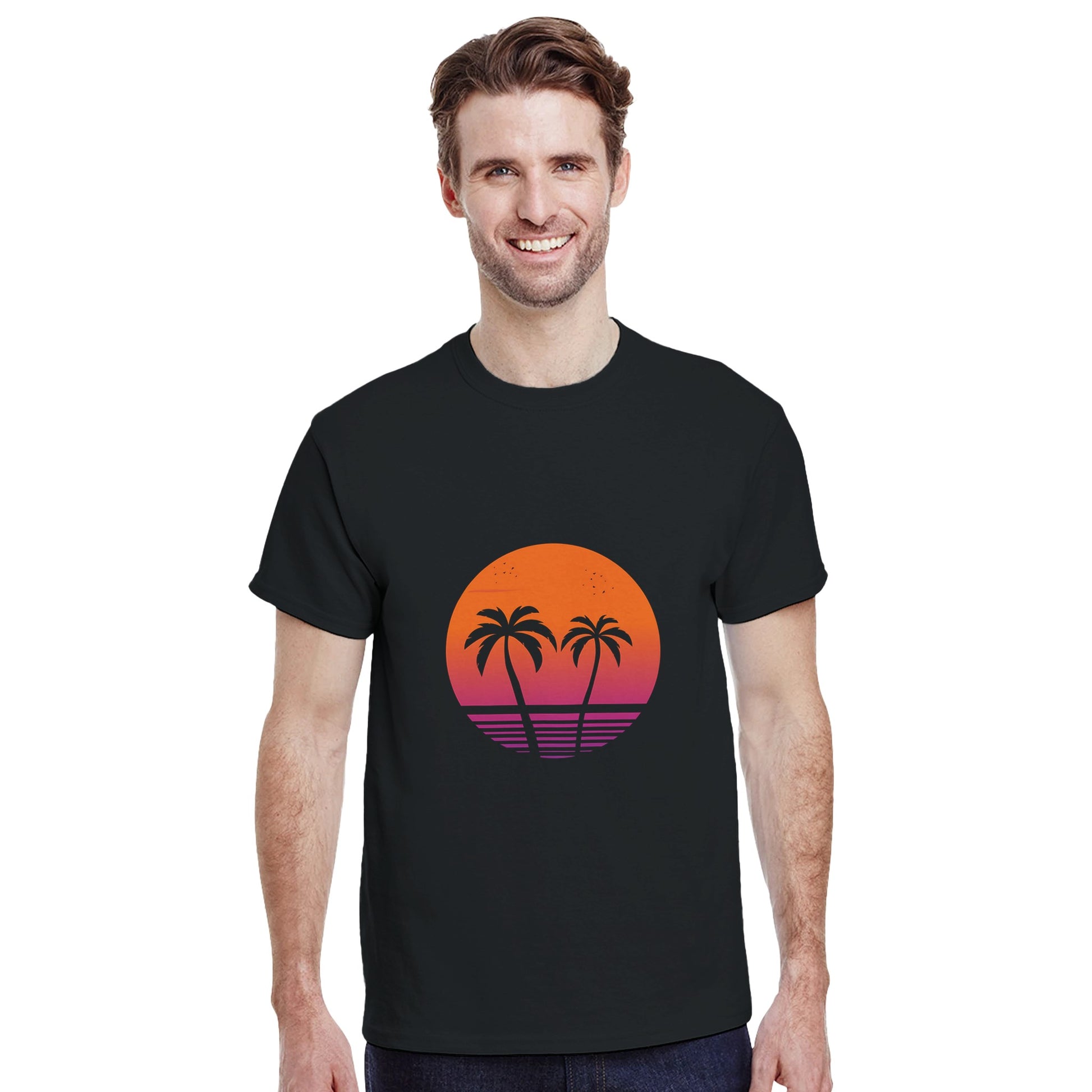 a black shirt with a tropical scene silhouetted in a circle, being worn by a man