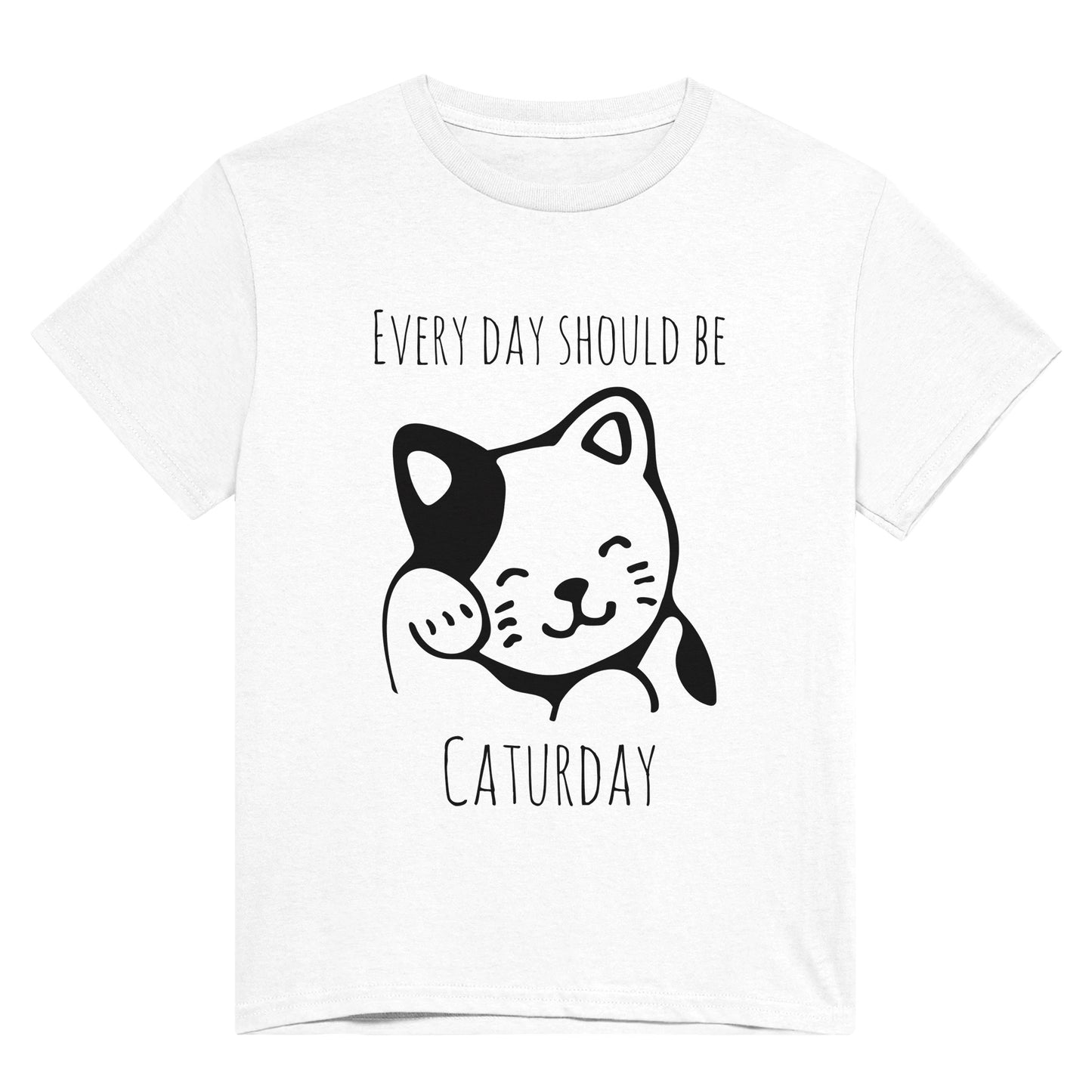 White t shirt with the pun, "Every day should be Caturday" and an image of a grooming cat on it in black.