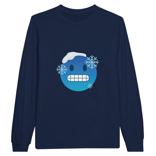 a blue long sleeved t shirt for men or women with a freezing cold emoji face