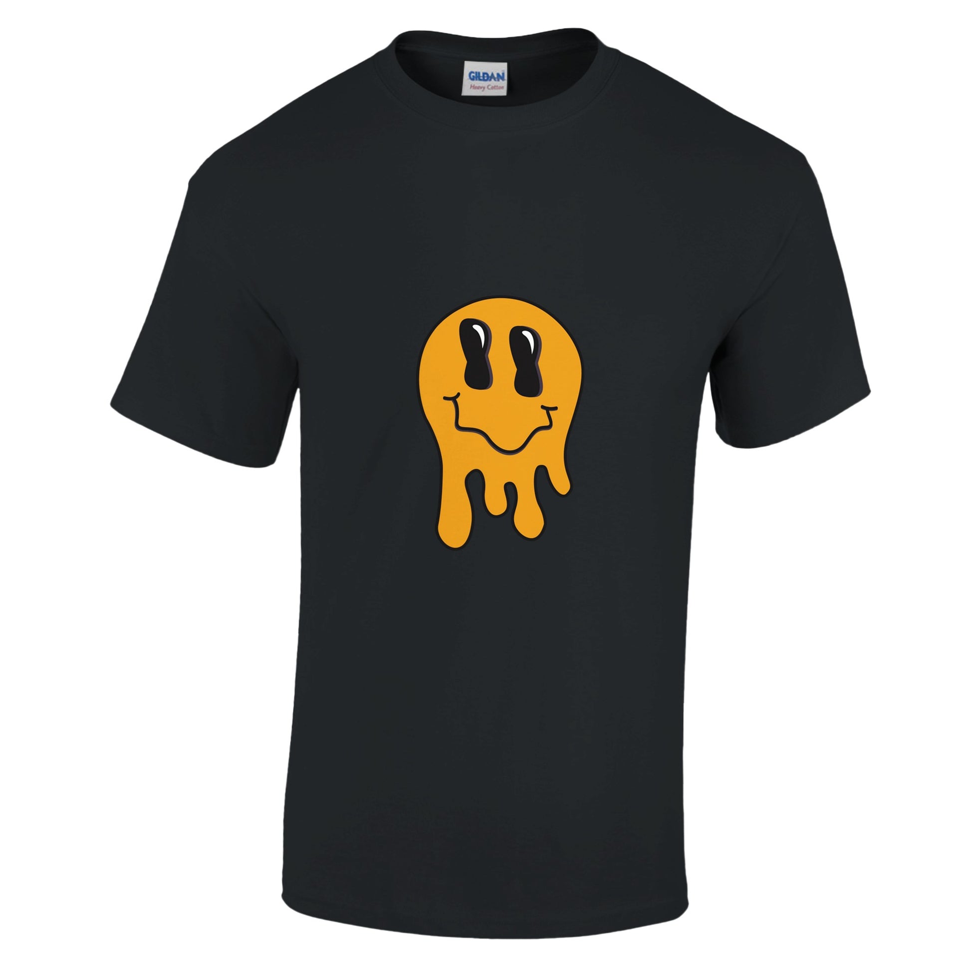 a black mens t-shirt with a yellow melting smiley face