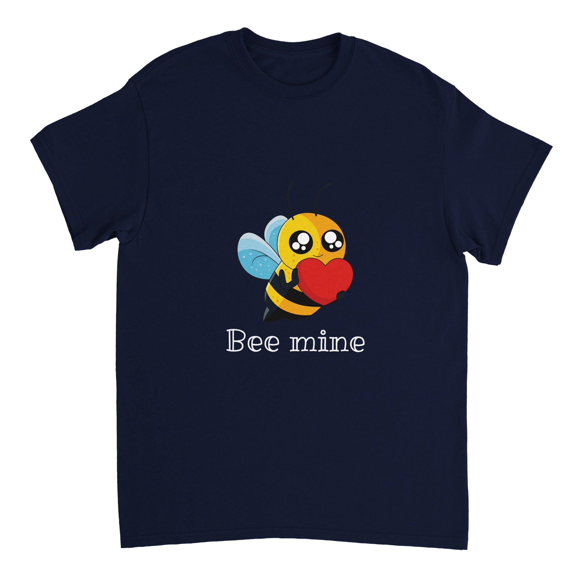 Navy blue shirt with a picture of a bee holding a heart and the words "Bee mine" in white.