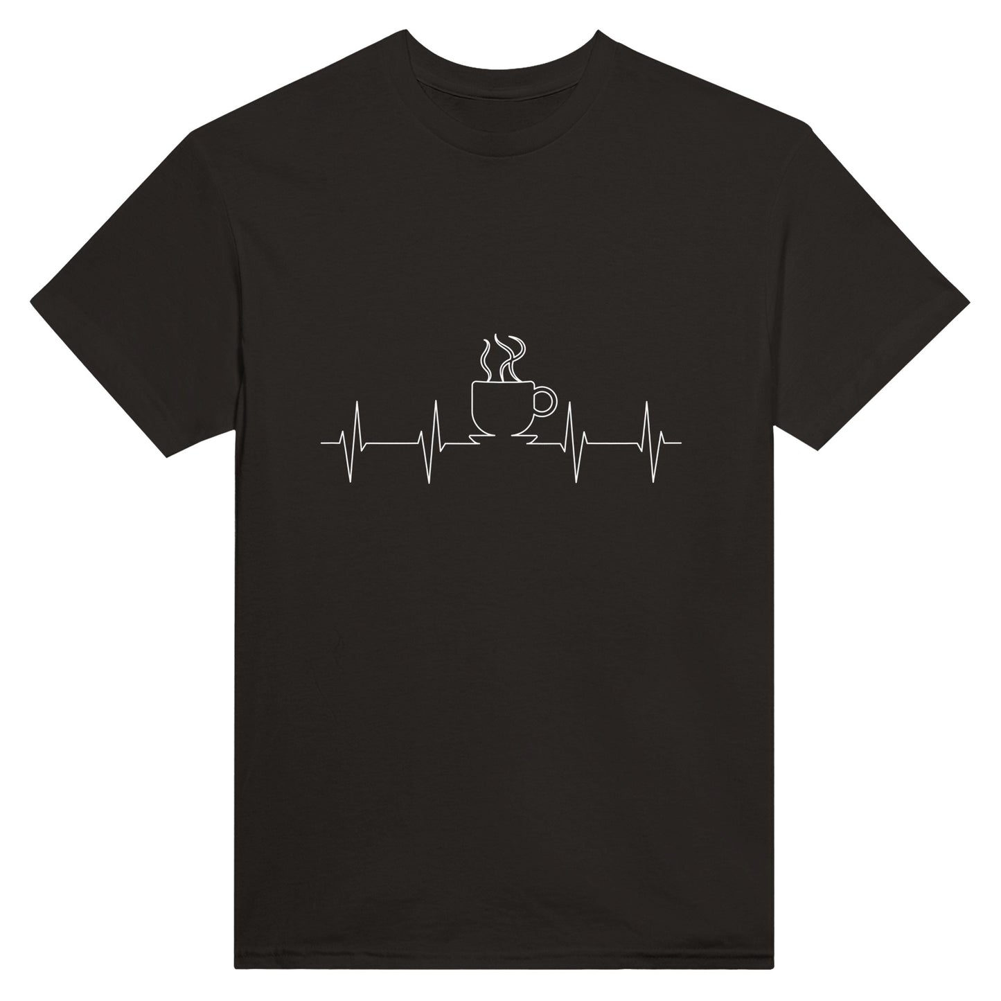 Black shirt with white line art depicting a cardiogram with the shape of a steaming cup of coffee or tea on it.