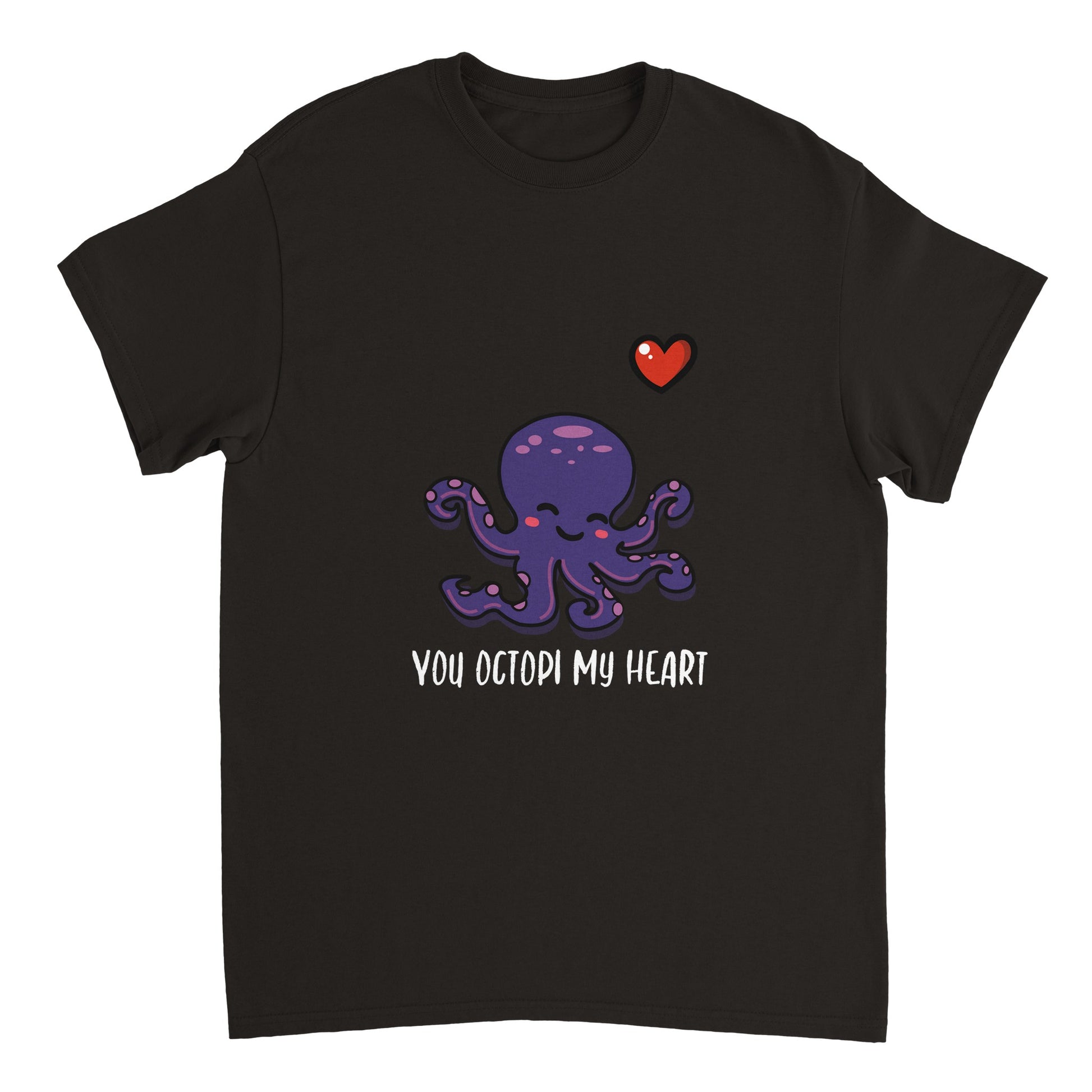 A black shirt with white text saying, "You octopi my heart" and an image of a purple octopus blushing and smiling and a small red heart in the upper right corner