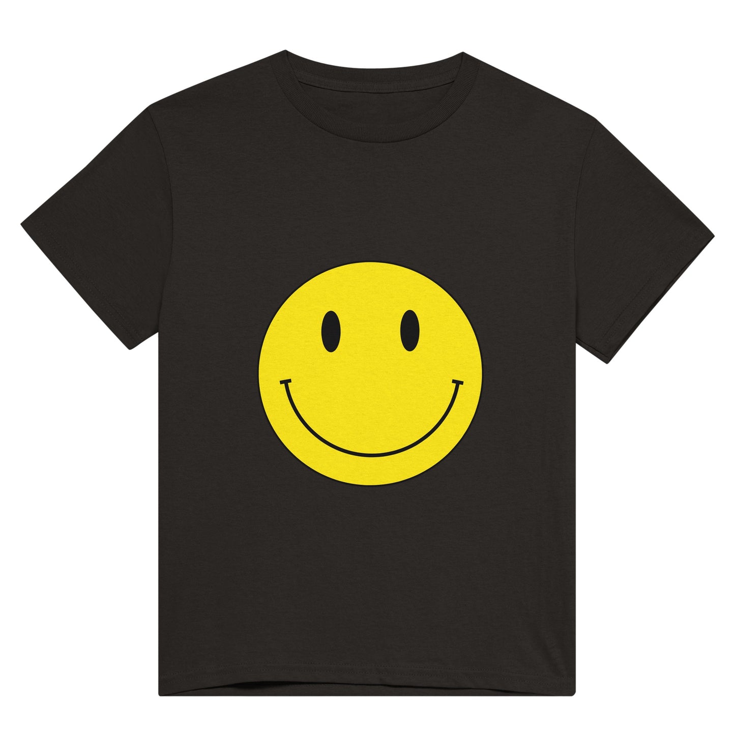 A black t shirt with a bright yellow smiley face.