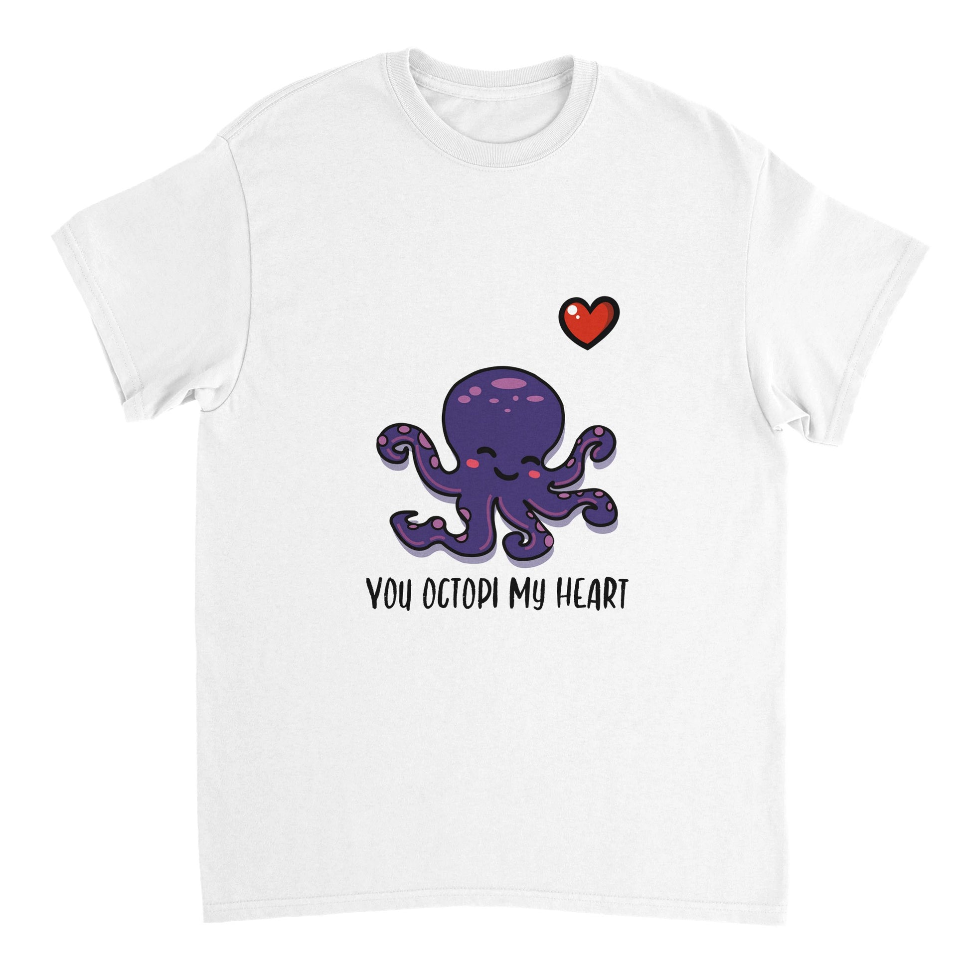 A white shirt with black text saying, "You octopi my heart" and an image of a purple octopus blushing and smiling and a small red heart in the upper right corner