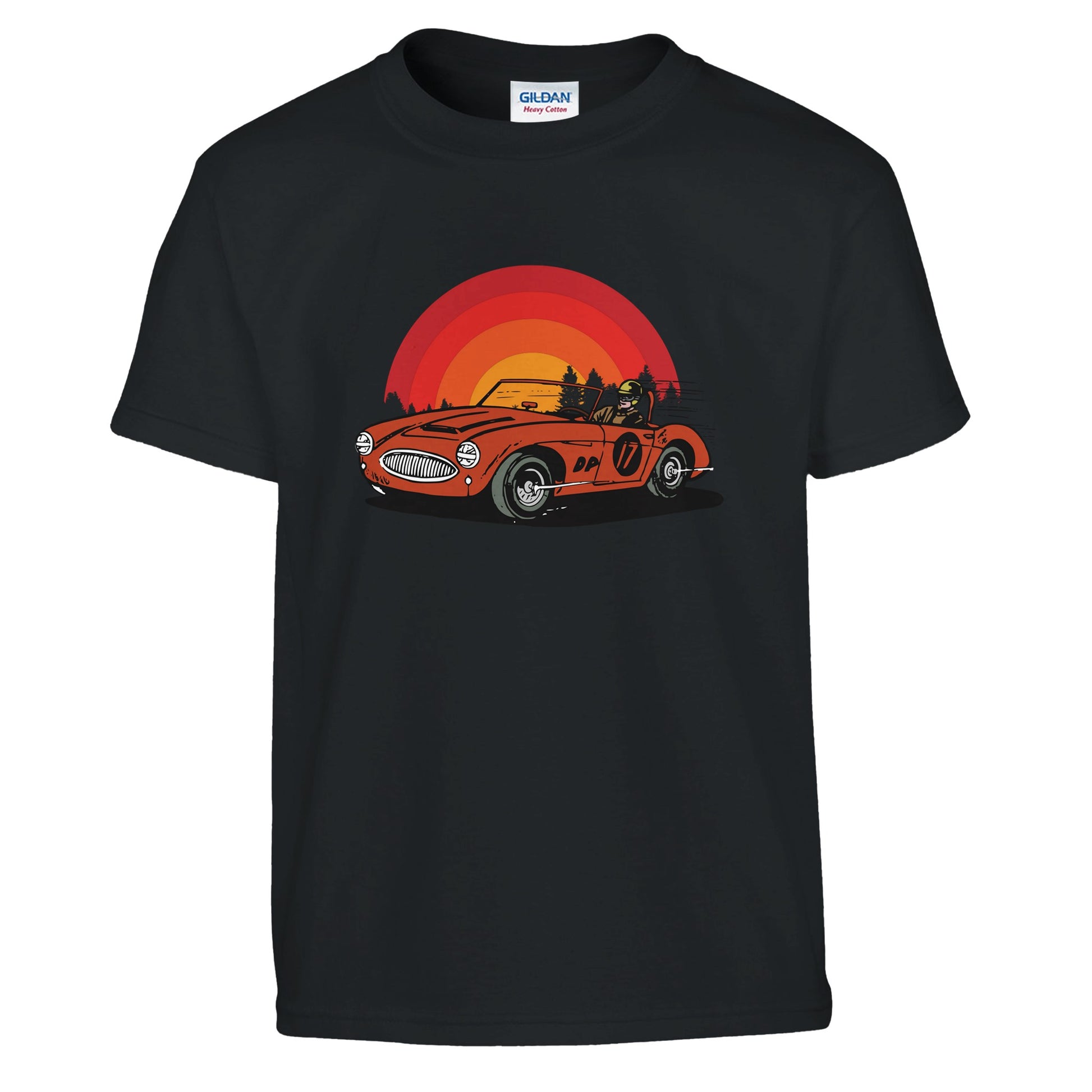 A kids black t-shirt with a car and sunset printed on it.