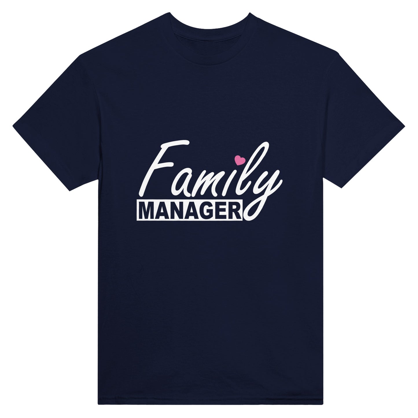 Navy blue t shirt with the words "family manager" in white, where the letter "i" in family is dotted with a small pink heart.