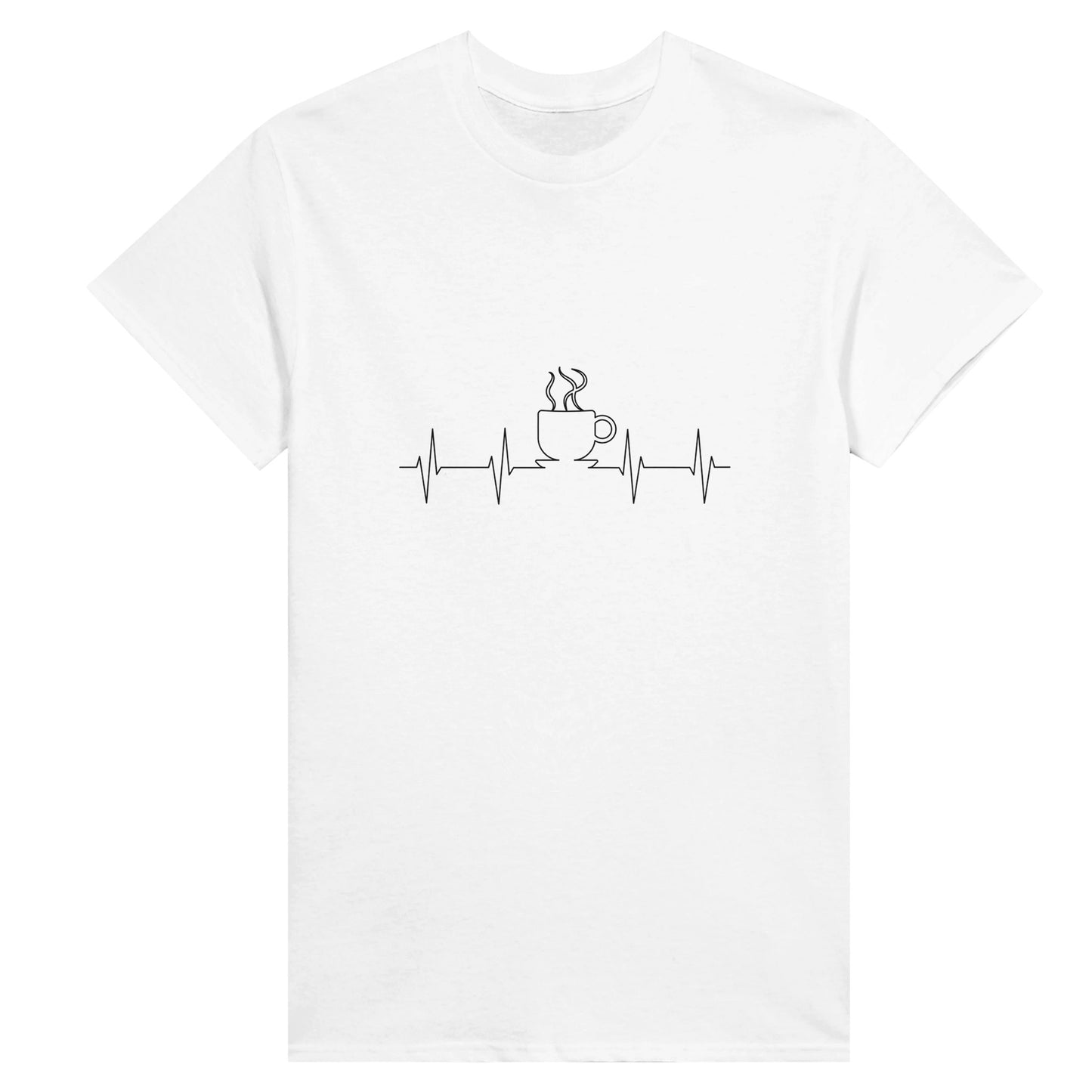 White women's shirt with black line art depicting a cardiogram with the shape of a steaming cup of coffee or tea on it.