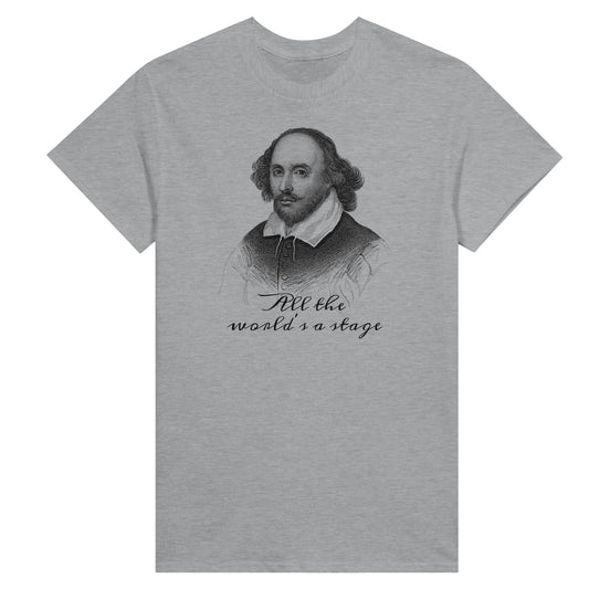 Grey woman's t-shirt with a picture of shakespeare and the text "all the world's a stage" printed on it