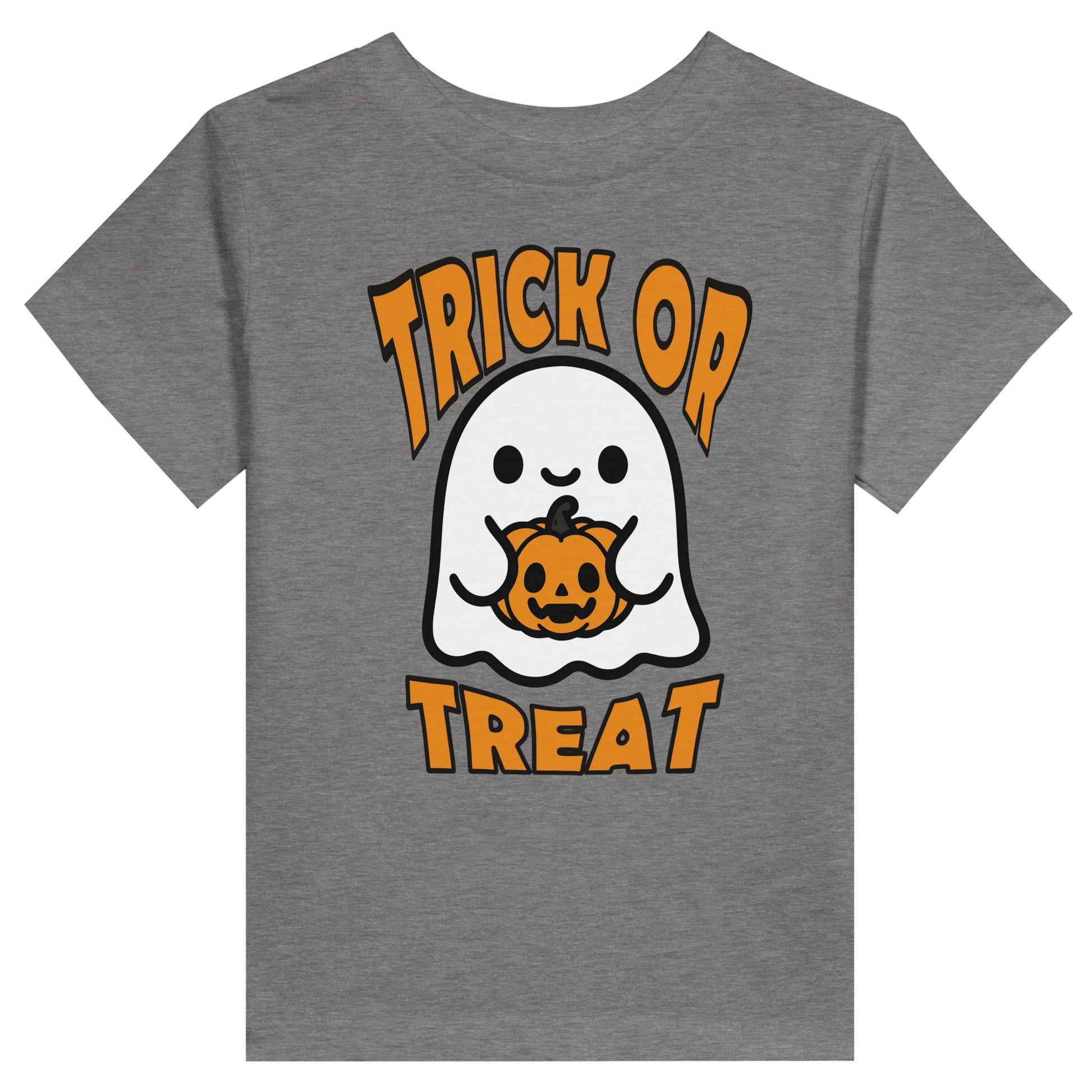 Grey short sleeve toddle shirt for halloween with a picture of a ghost holding a pumpkin and the text "Trick or treat"
