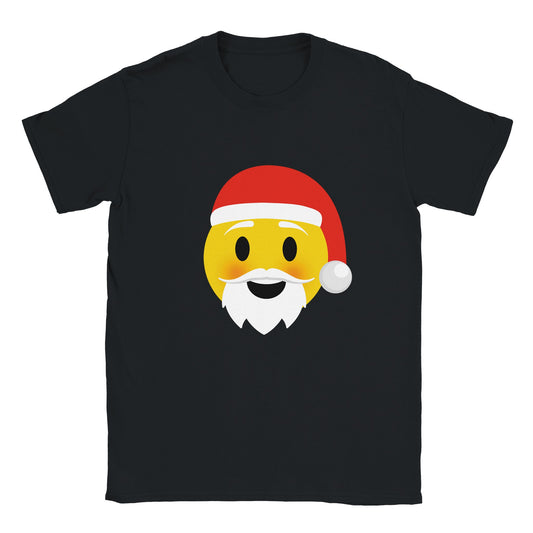 A black Christmas t-shirt with a happy Santa emoji