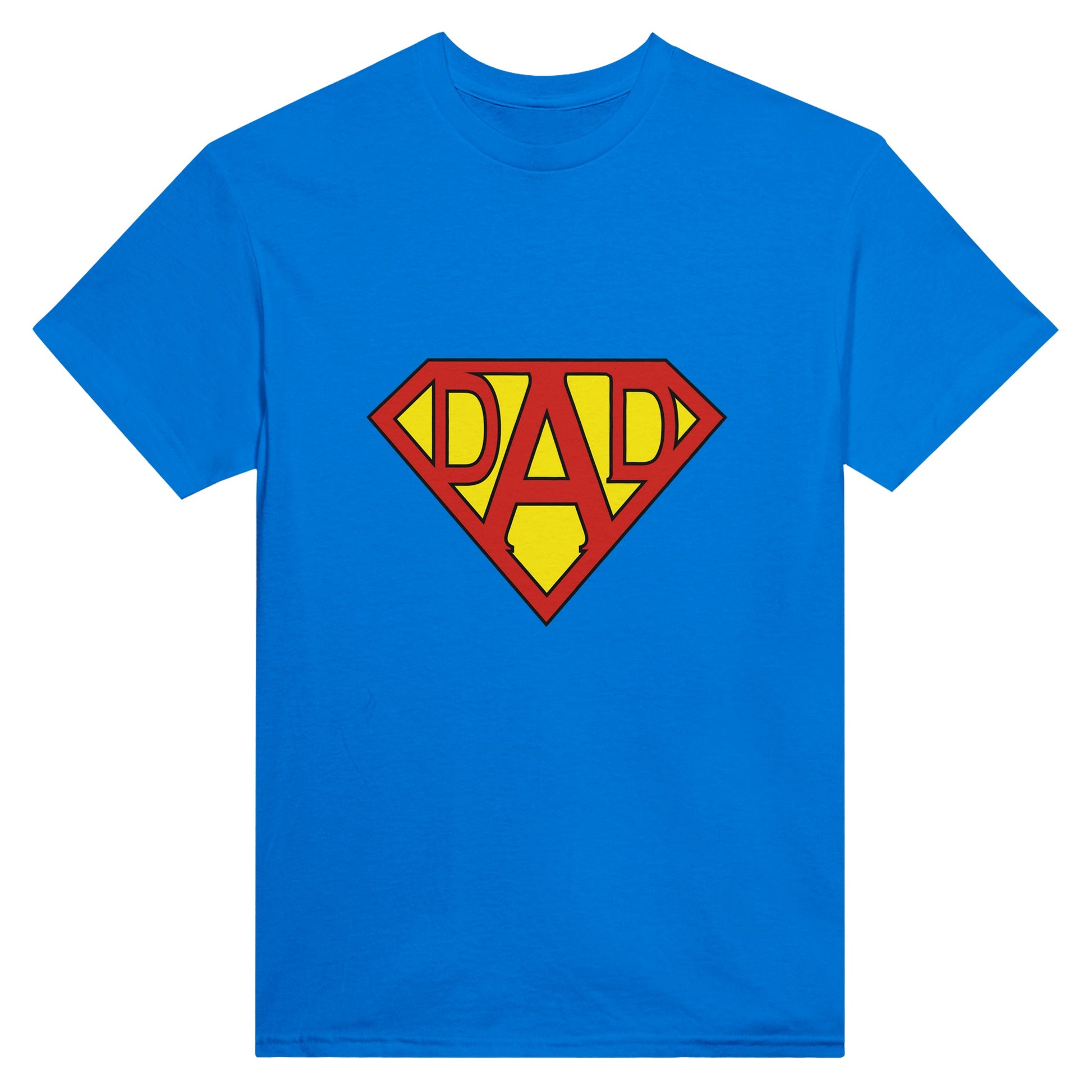 Light blue shirt with a diamond shaped symbol in the middle with the word "dad", reminiscent of the superman symbol