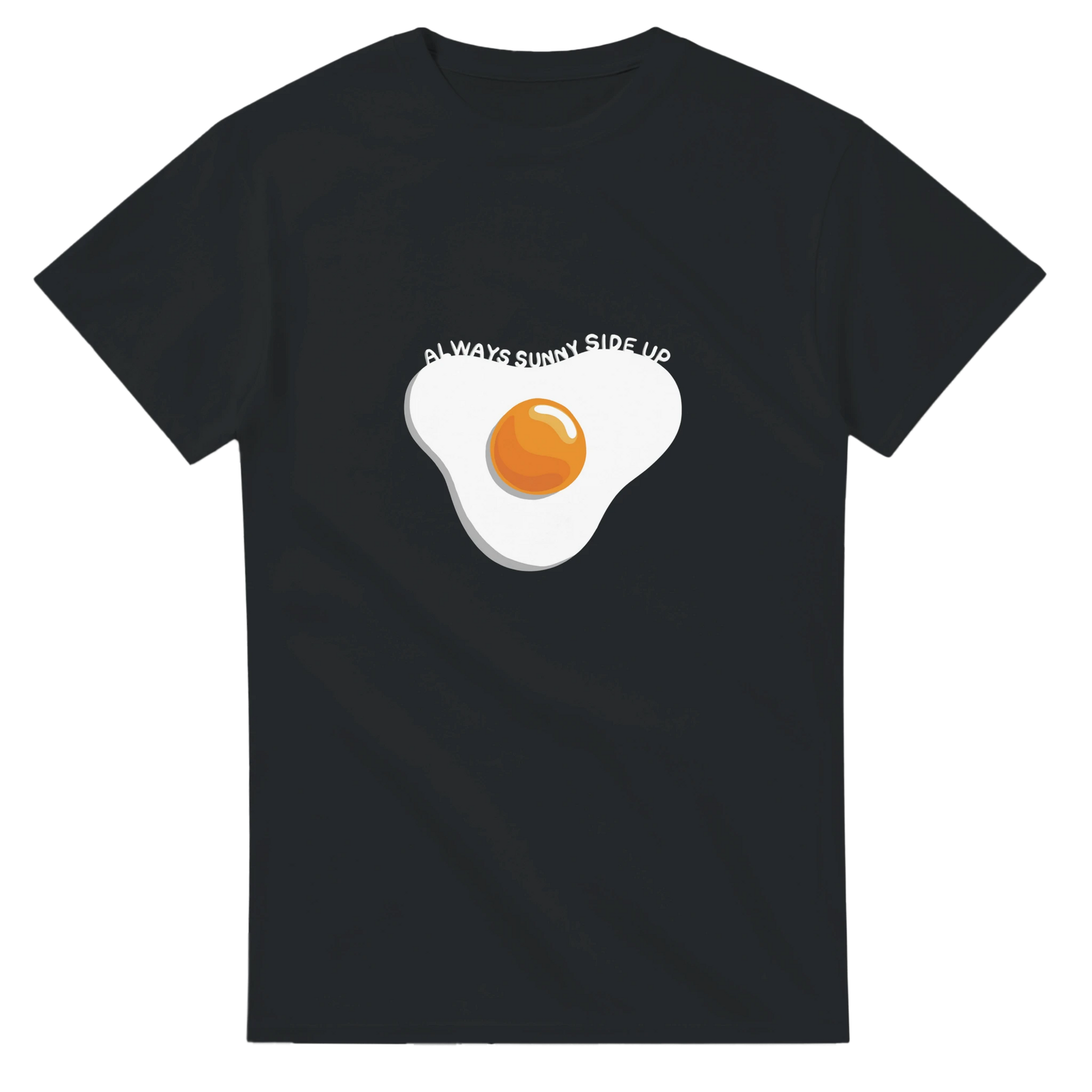 Astral Apple Men’s, Women’s or Unisex short sleeved, casual style classic crewneck t-shirt in Black cotton, with graphic print of a delicious fried egg and the text, "always sunny side up", front view, happy, positive and yummy egg t-shirt