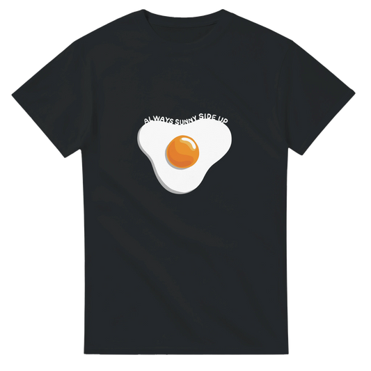Astral Apple Men’s, Women’s or Unisex short sleeved, casual style classic crewneck t-shirt in Black cotton, with graphic print of a delicious fried egg and the text, "always sunny side up", front view, happy, positive and yummy egg t-shirt
