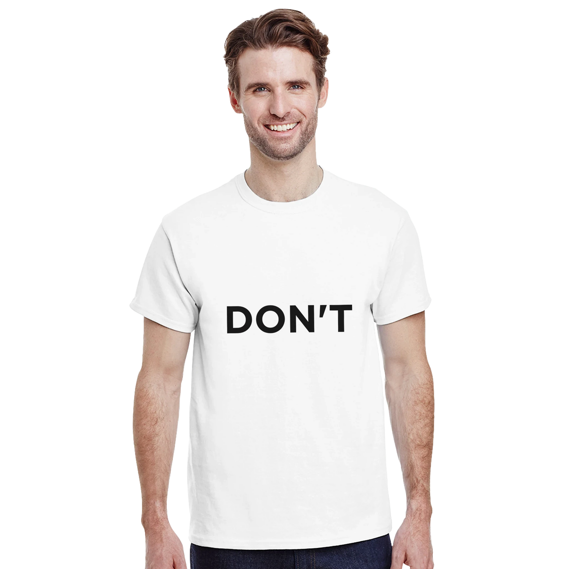 Astral Apple Men’s, Women’s or Unisex short sleeved, casual style classic crewneck t-shirt in White cotton, with graphic print of the word "Don't" in bold, all caps, on a model, funny, bad mood, breaking point shirt