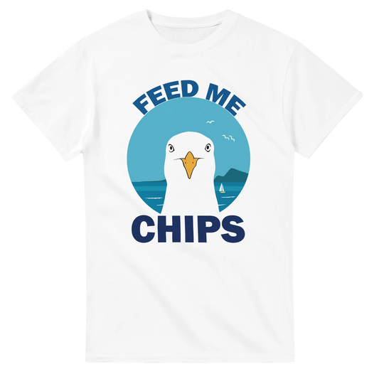 Astral Apple Men’s, Women’s or Unisex short sleeved, casual style classic crewneck t-shirt in white cotton, with graphic print of a seagull at the beach and the text, “Feed Me Chips”, front view, funny beach and seaside design