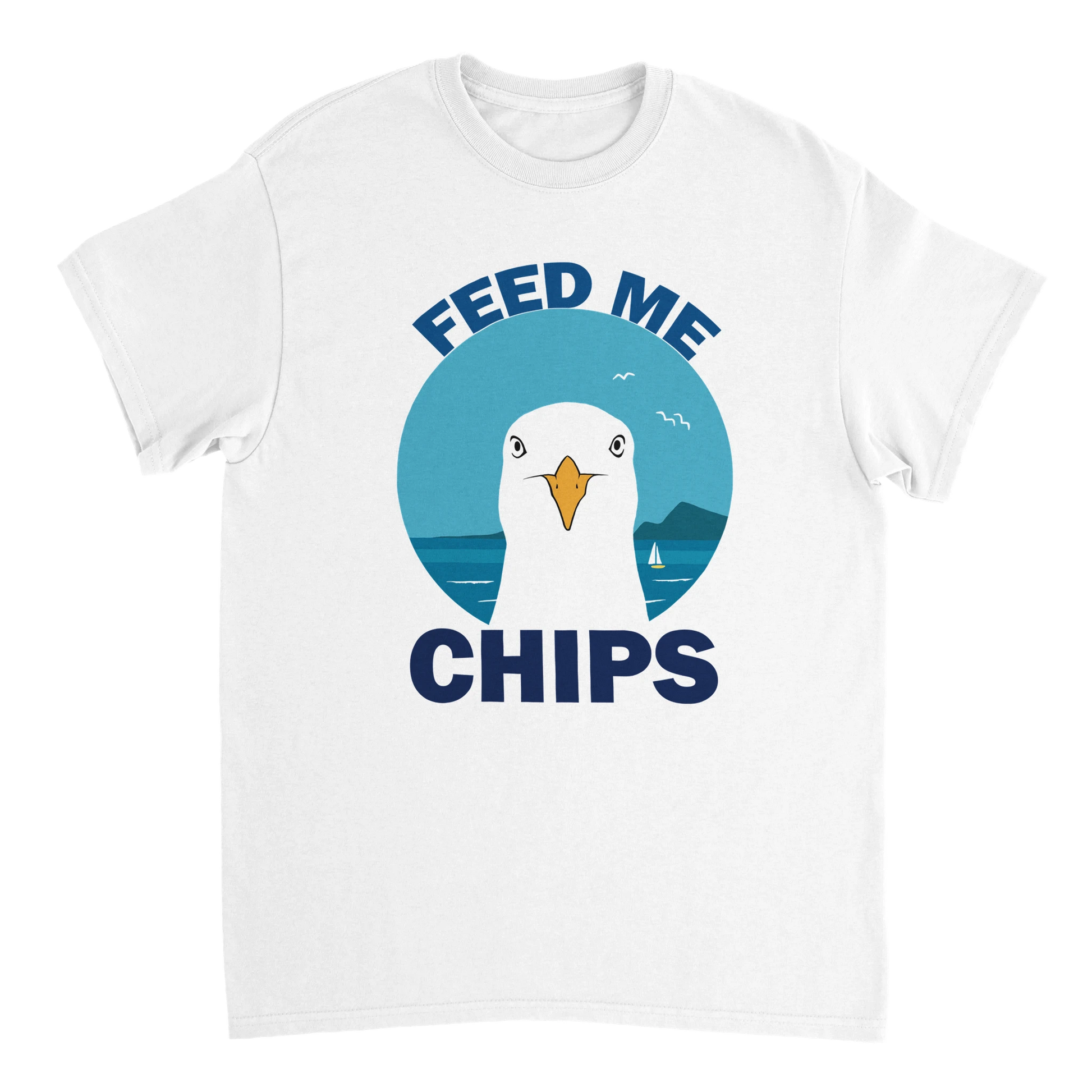 Astral Apple Men’s, Women’s or Unisex short sleeved, casual style classic crewneck t-shirt in white cotton, with graphic print of a seagull at the beach and the text, “Feed Me Chips”, larger front view, funny beach and seaside design