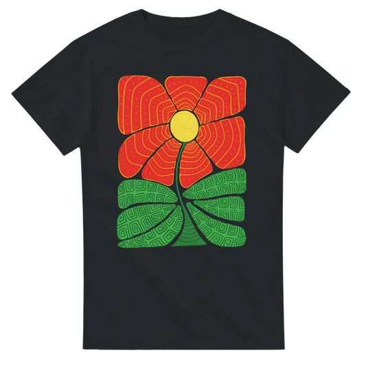 Astral Apple Men’s, Women’s or Unisex short sleeved, casual style classic crewneck t-shirt in Black cotton, with graphic print of a picture of an abstract, retro style flower with greek or aztec style patterns on it, front view, a bold, bright and colourful design