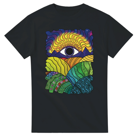Astral Apple Men’s, Women’s or Unisex short sleeved, casual style classic crewneck t-shirt in black cotton, with psychedelic graphic print of a weird and wonderful landscape, front view, holiday party, colourful summer style