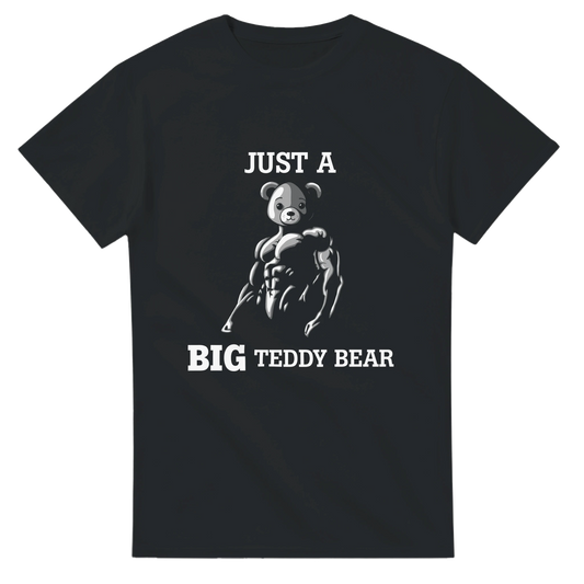 Astral Apple Men’s, Women’s or Unisex short sleeved, casual style classic crewneck t-shirt in black cotton, with graphic print of a muscular teddy bear and the text, “Just a Big Teddy Bear”, front view, funny and cute gym workout design