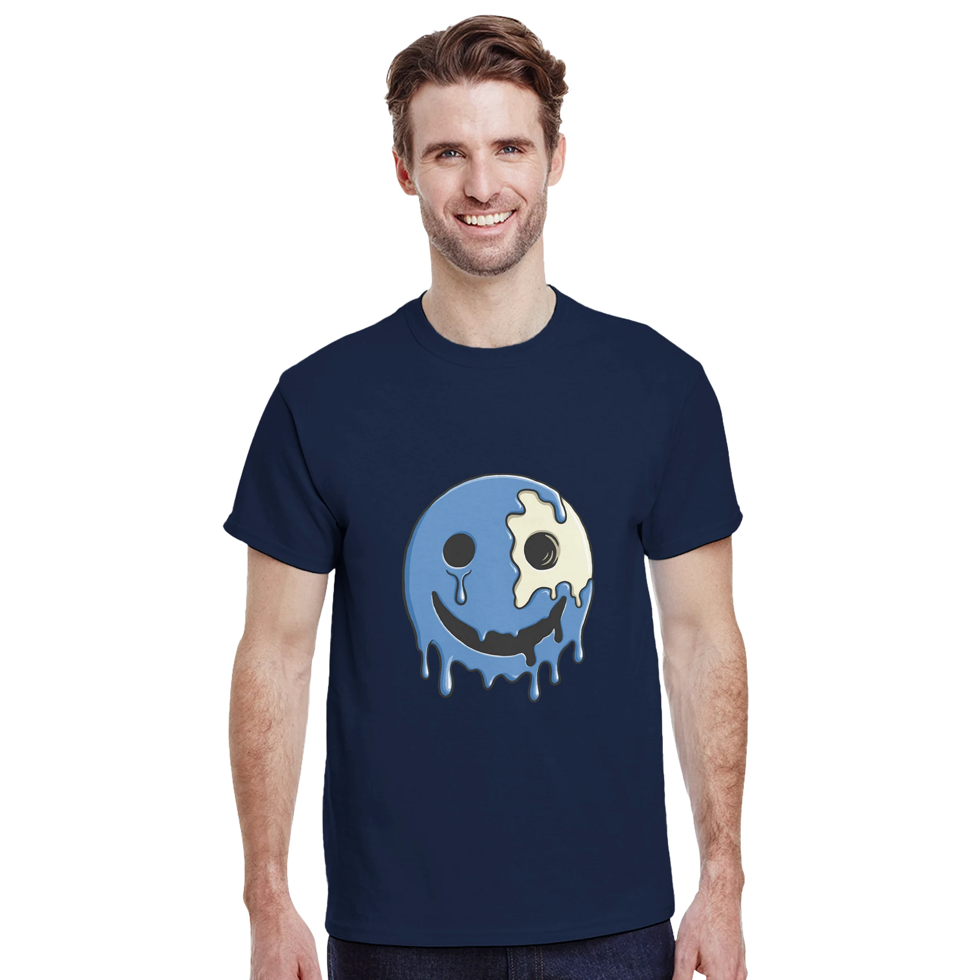 Astral Apple Men’s, Women’s or Unisex short sleeved, casual style classic crewneck t-shirt in navy blue cotton, with graphic print of a blue, melting happy face with skull showing, on a model, edgy smiling face design