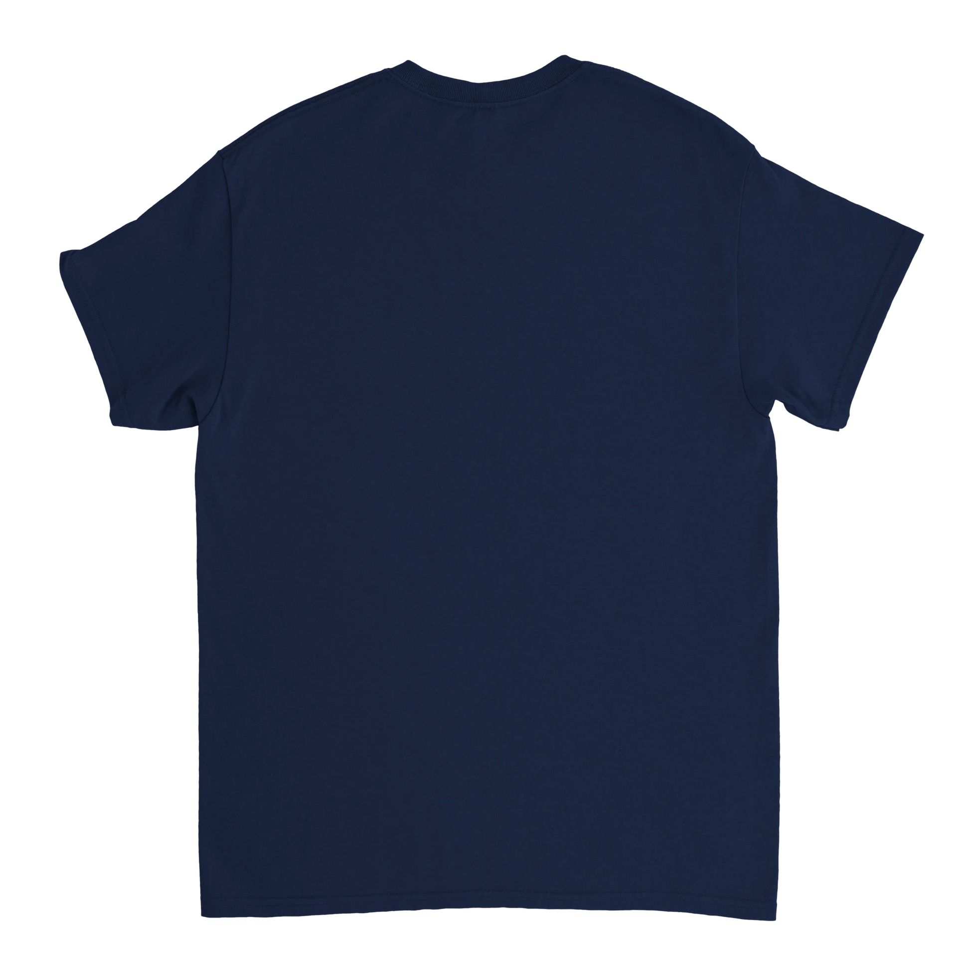 Astral Apple Men’s, Women’s or Unisex short sleeved, casual style classic crewneck t-shirt in navy blue cotton, with graphic print of a blue, melting happy face with skull showing, back view, edgy smiling face design