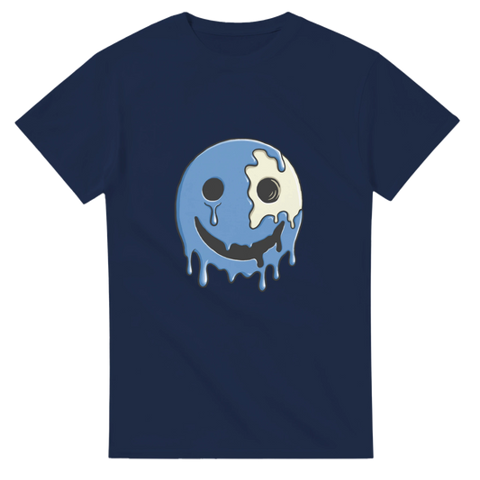 Astral Apple Men’s, Women’s or Unisex short sleeved, casual style classic crewneck t-shirt in navy blue cotton, with graphic print of a blue, melting happy face with skull showing, front view, edgy smiling face design
