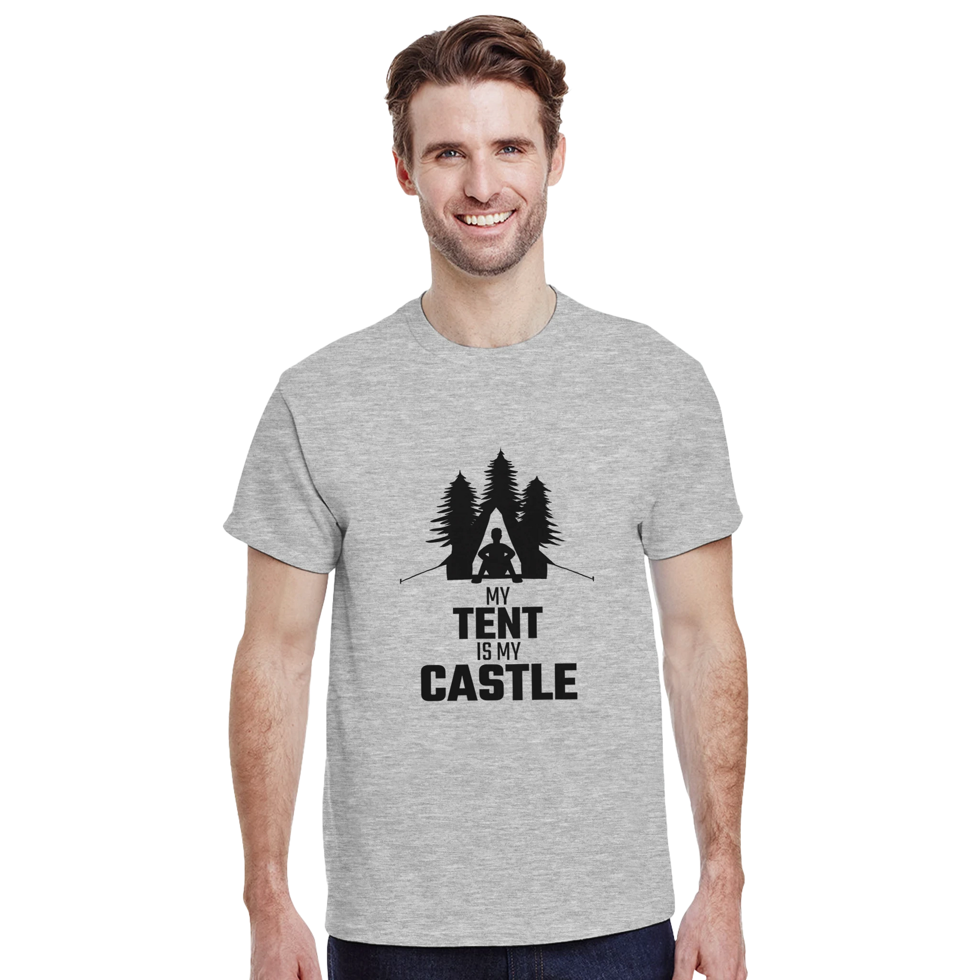 Astral Apple Men’s, Women’s or Unisex short sleeved, casual style classic crewneck t-shirt in Grey cotton, with graphic print of a man sitting in his tent with trees behind him and the text, "My Tent is My Castle", on a model, funny outdoor camping t-shirt