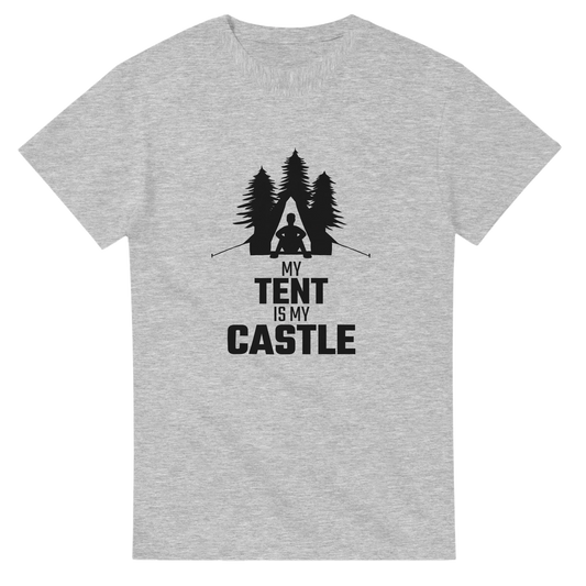 Astral Apple Men’s, Women’s or Unisex short sleeved, casual style classic crewneck t-shirt in Grey cotton, with graphic print of a man sitting in his tent with trees behind him and the text, "My Tent is My Castle", front view, funny outdoor camping t-shirt