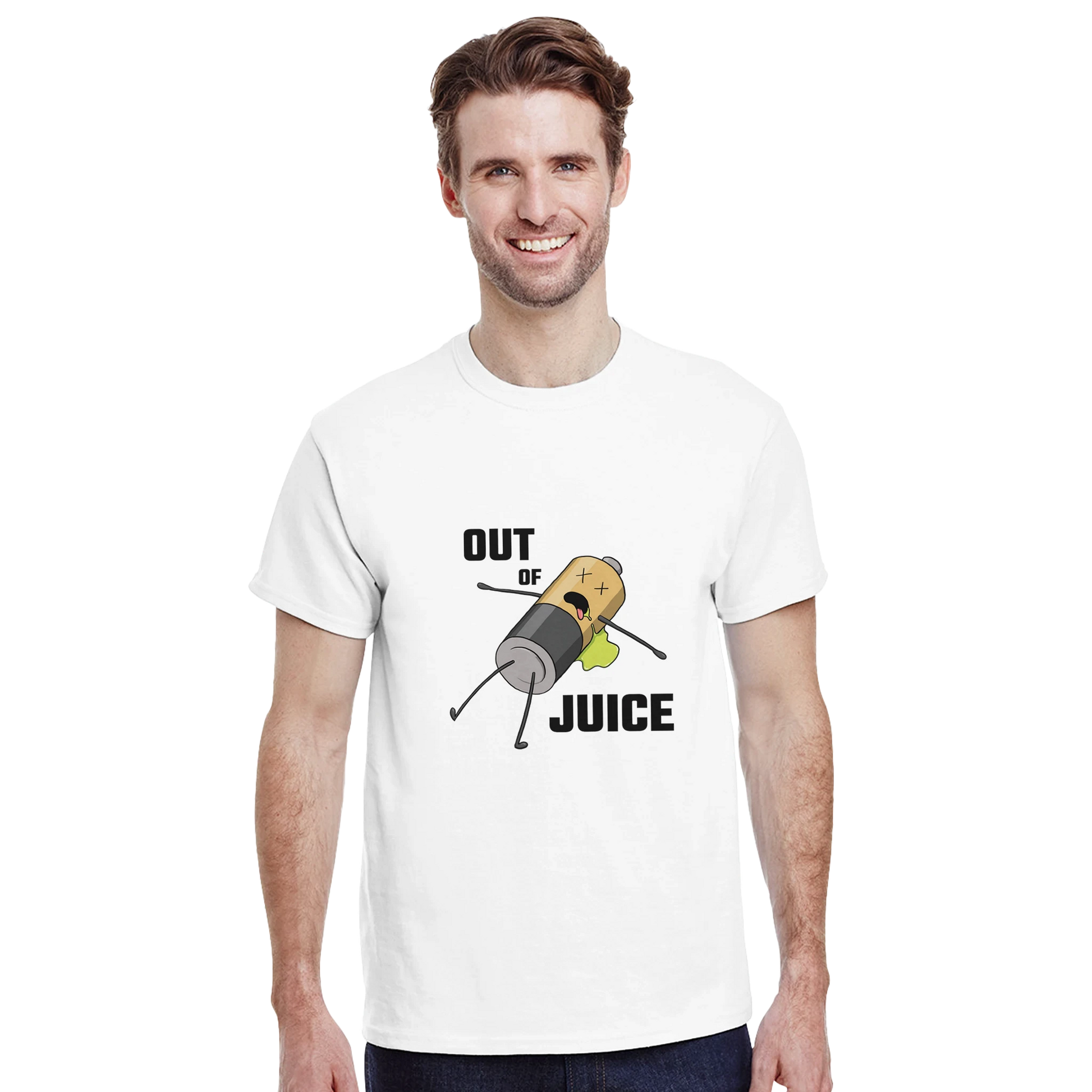 Astral Apple Men’s, Women’s or Unisex short sleeved, casual style classic crewneck t-shirt in white cotton, with graphic print of a dead battery character leaking battery acid and the text, “Out of Juice”, on a model, funny burnout design