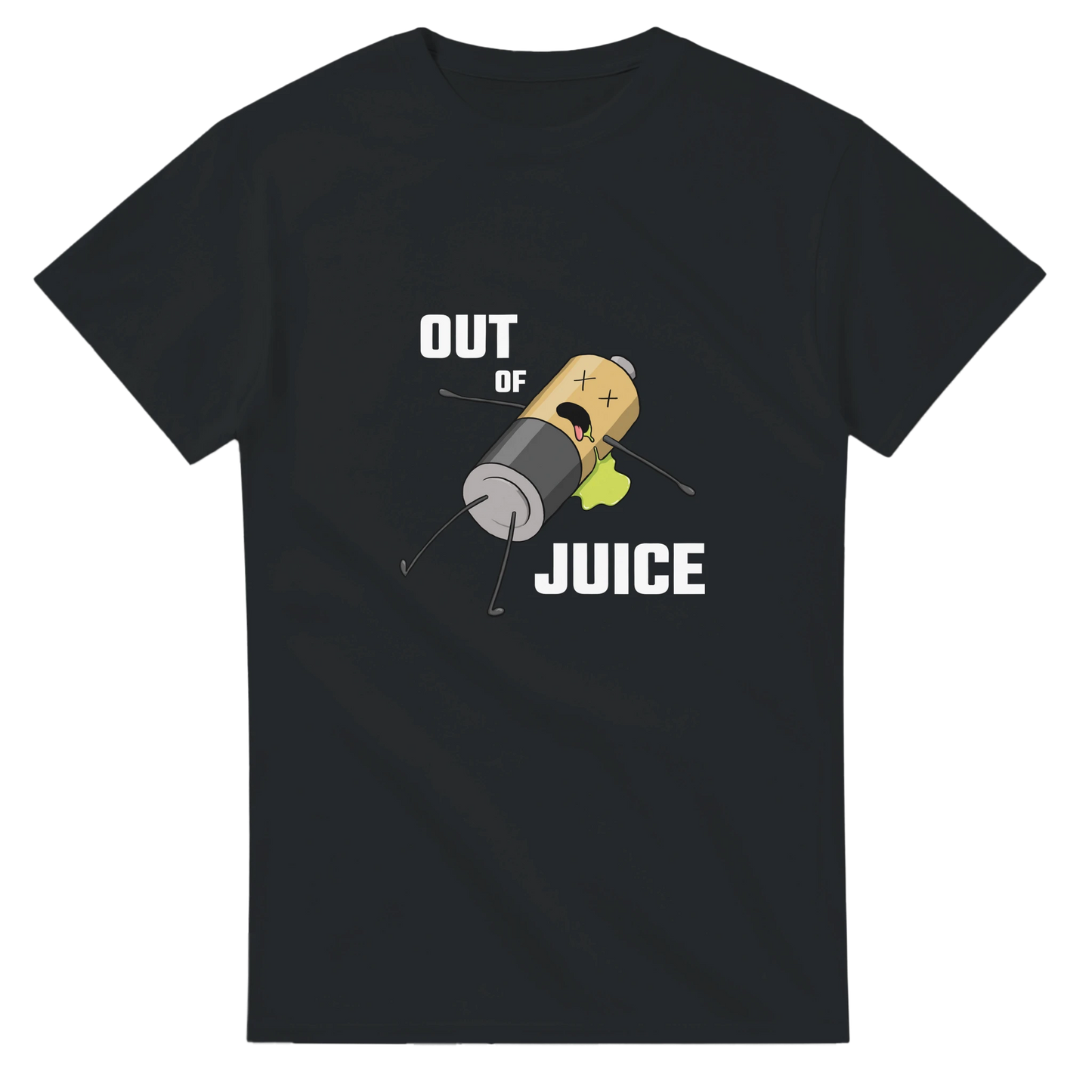 Astral Apple Men’s, Women’s or Unisex short sleeved, casual style classic crewneck t-shirt in black cotton, with graphic print of a dead battery character leaking battery acid and the text, “Out of Juice”, front view, funny burnout design
