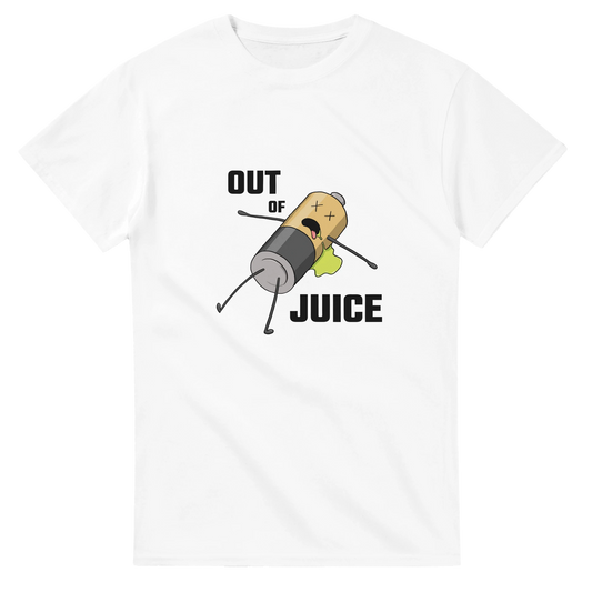 Astral Apple Men’s, Women’s or Unisex short sleeved, casual style classic crewneck t-shirt in white cotton, with graphic print of a dead battery character leaking battery acid and the text, “Out of Juice”, front view, funny burnout design