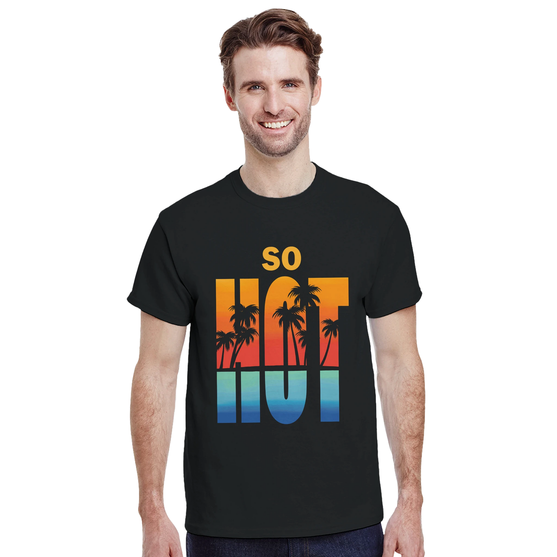 Astral Apple Men’s, Women’s or Unisex short sleeved, casual style classic crewneck t-shirt in black cotton, with graphic print of a vibrant tropical beach scene and the text, “So Hot”, on a model, edgy retro summer style