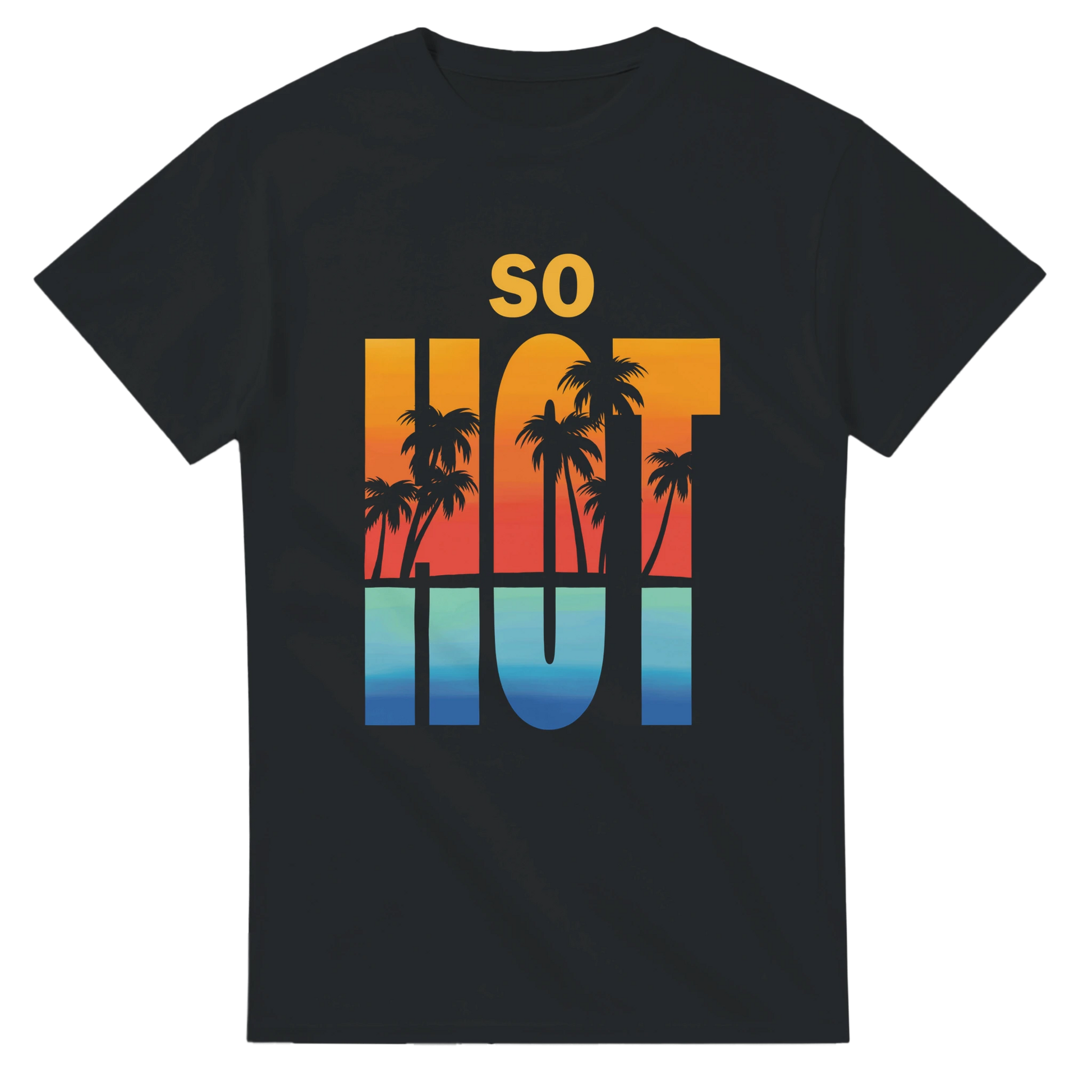 Astral Apple Men’s, Women’s or Unisex short sleeved, casual style classic crewneck t-shirt in black cotton, with graphic print of a vibrant tropical beach scene and the text, “So Hot”, front view, retro summer style