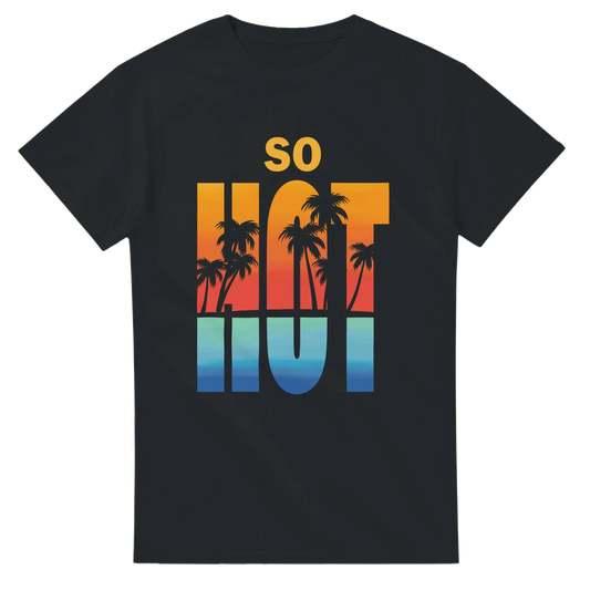 Astral Apple Men’s, Women’s or Unisex short sleeved, casual style classic crewneck t-shirt in black cotton, with graphic print of a vibrant tropical beach scene and the text, “So Hot”, front view, retro summer style